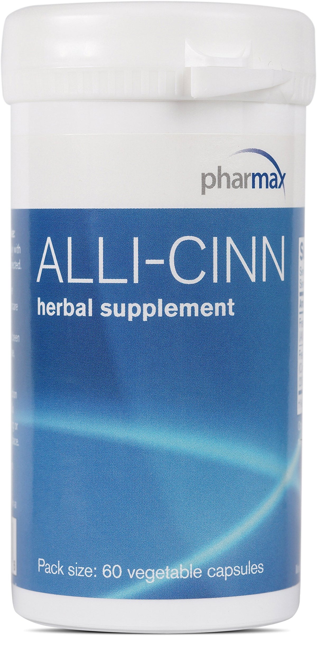 Pharmax Alli-Cinn bottle and capsules on white background