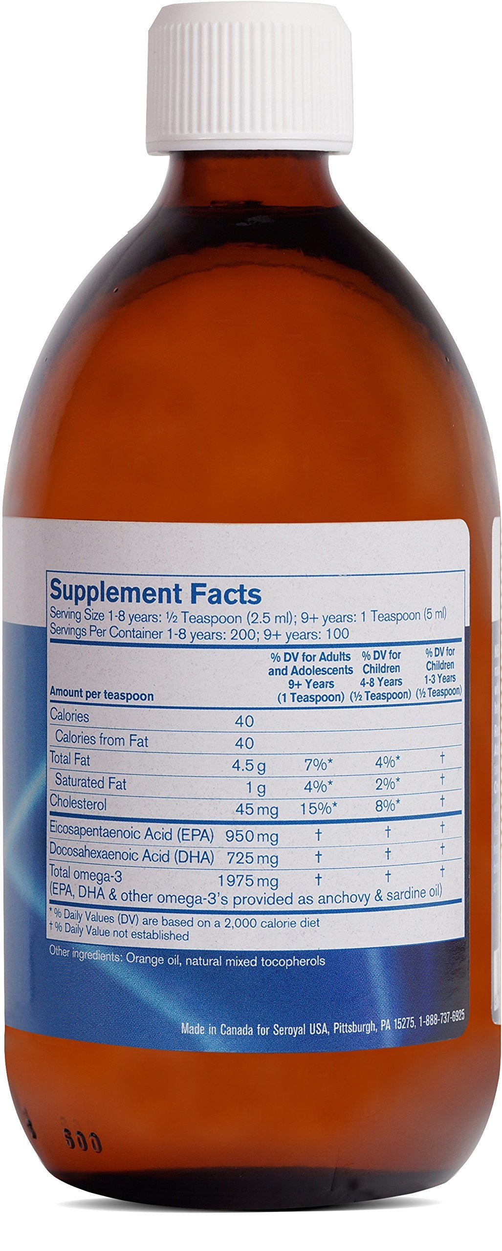 Orange-flavored fish oil supplement bottle showing 16.9 fl oz