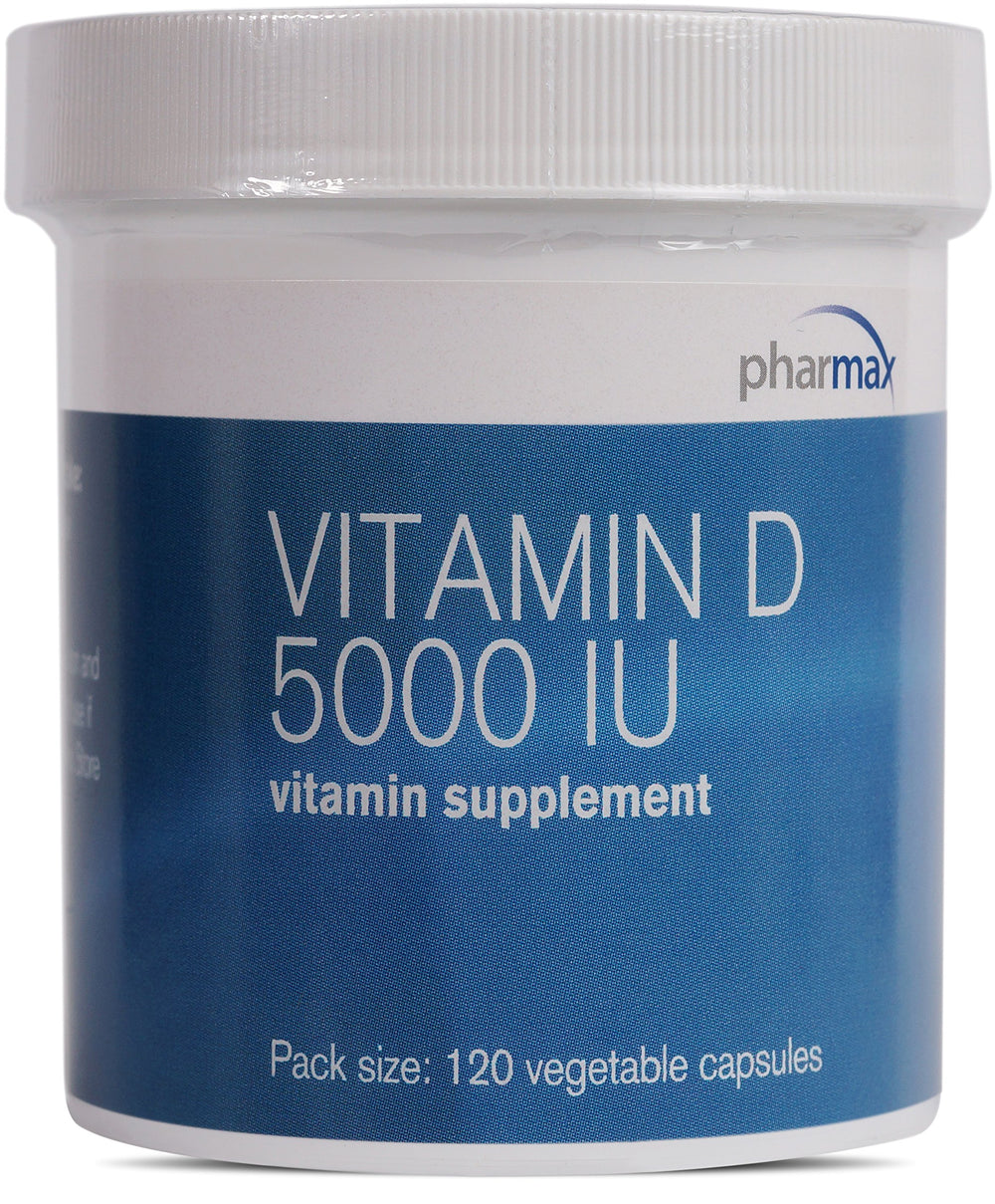 Pharmax Vitamin D5000 IU bottle—convenient daily supplement for bone and teeth support