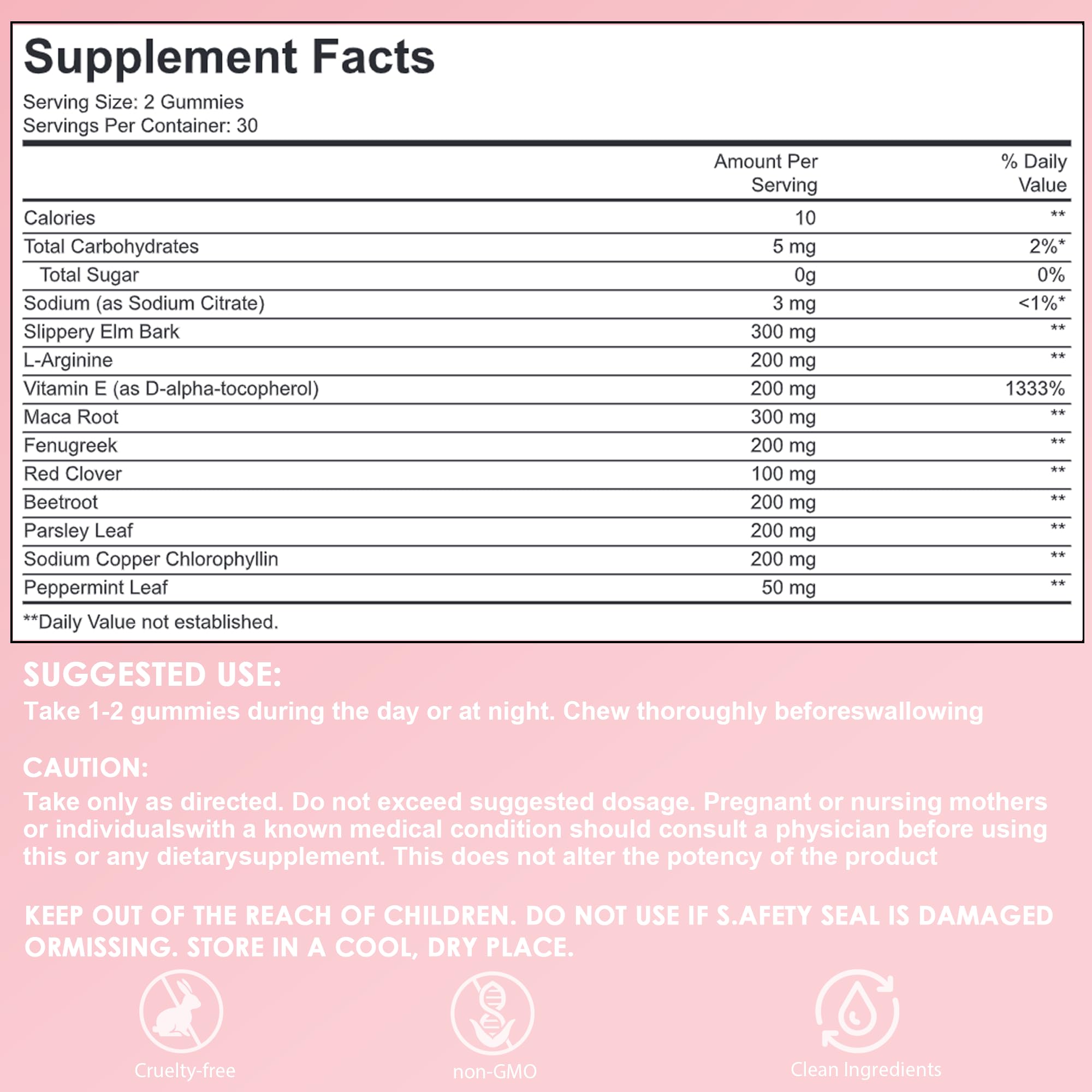 Slippery Elm ingredient and gummies label