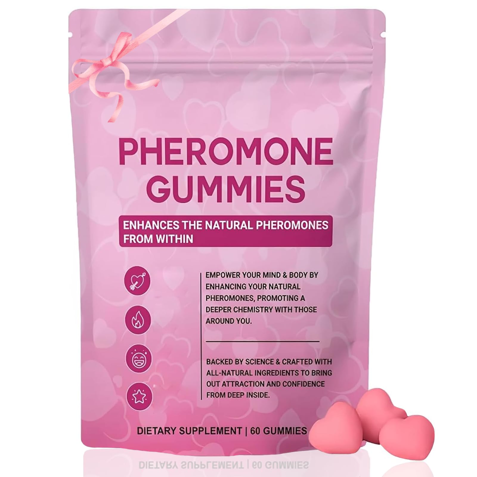 Pheromone Gummies for Women strawberry flavor bottle and gummies (hero)