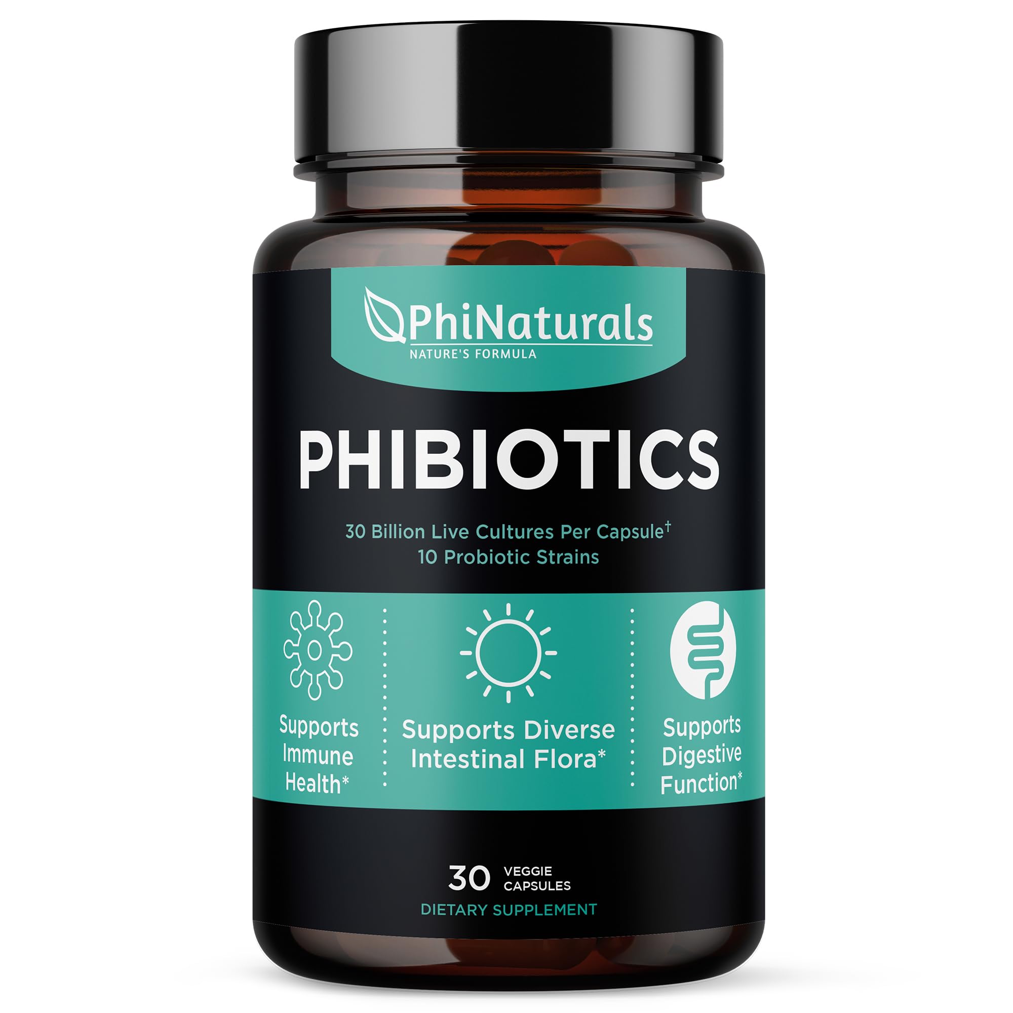 PhiNaturals probiotic bottle label showing 30B CFU and 10 strains