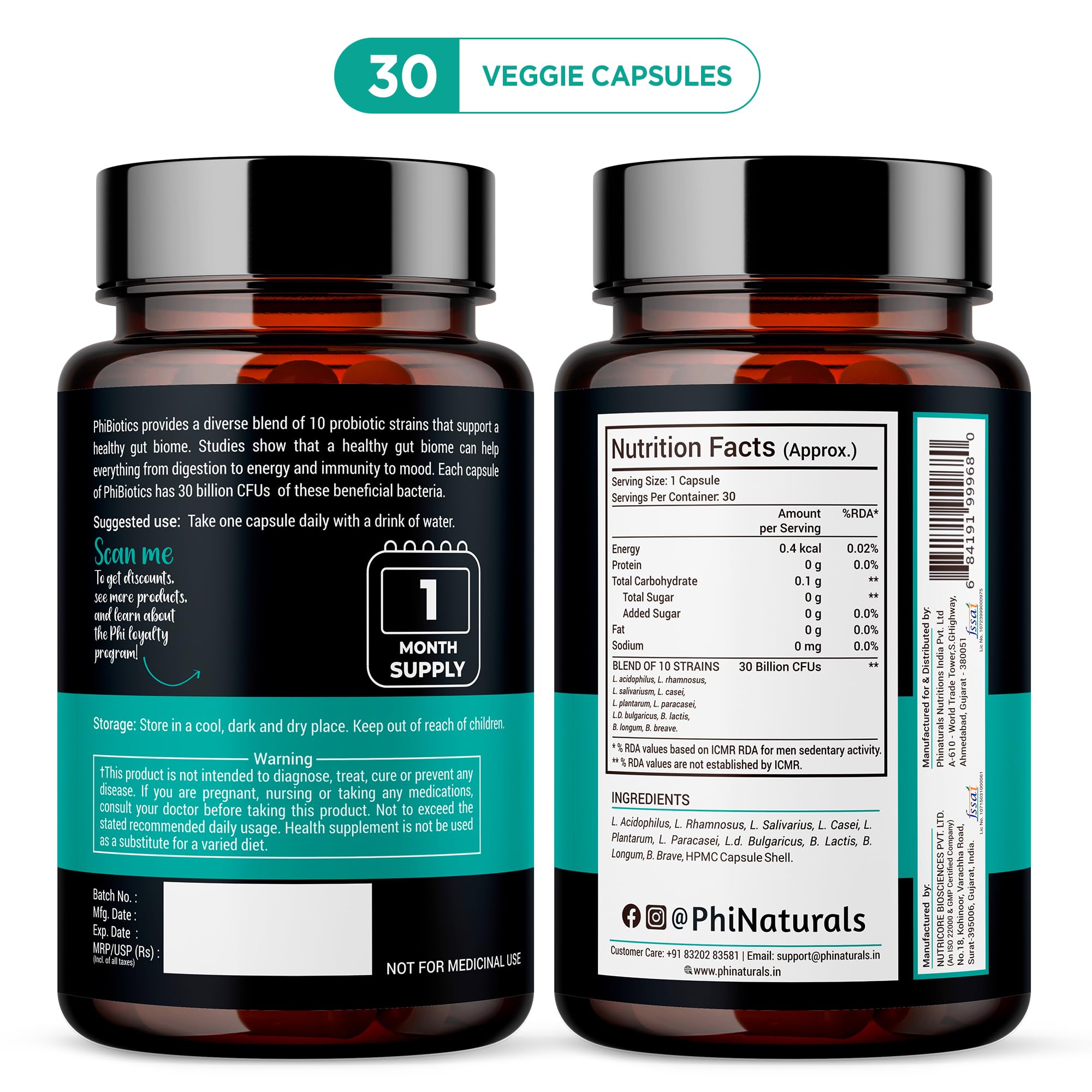 Front view of PhiNaturals High Potency Probiotics bottle with vegan capsules