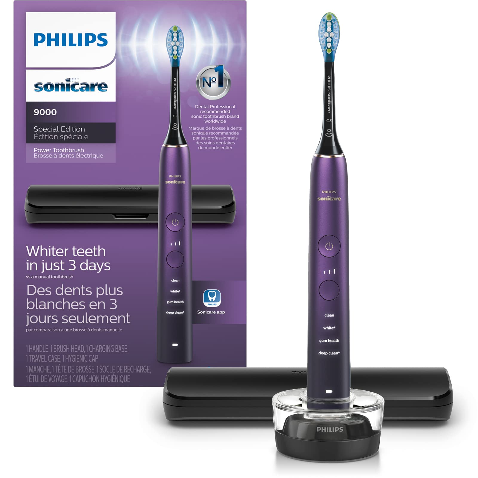 Philips Sonicare 9000 Special Edition HX9911/91 toothbrush in black and purple on display stand.