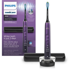 Philips Sonicare 9000 Special Edition HX9911/91 toothbrush in black and purple on display stand.