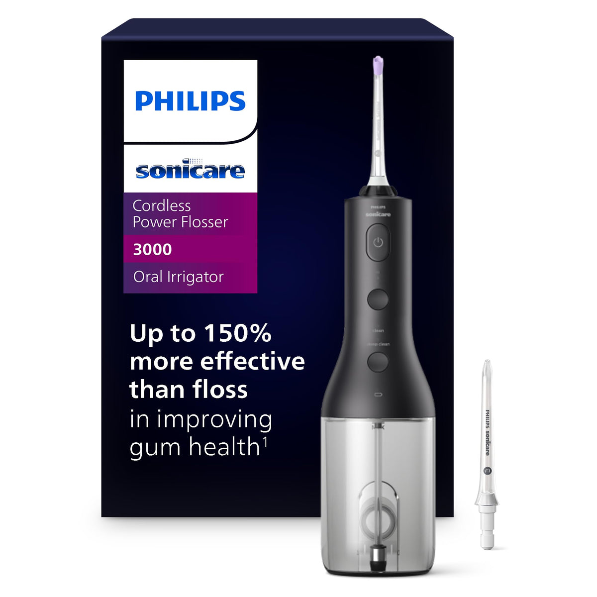 Front view of Philips Sonicare Cordless Power Flosser 3000 in black HX3826/23