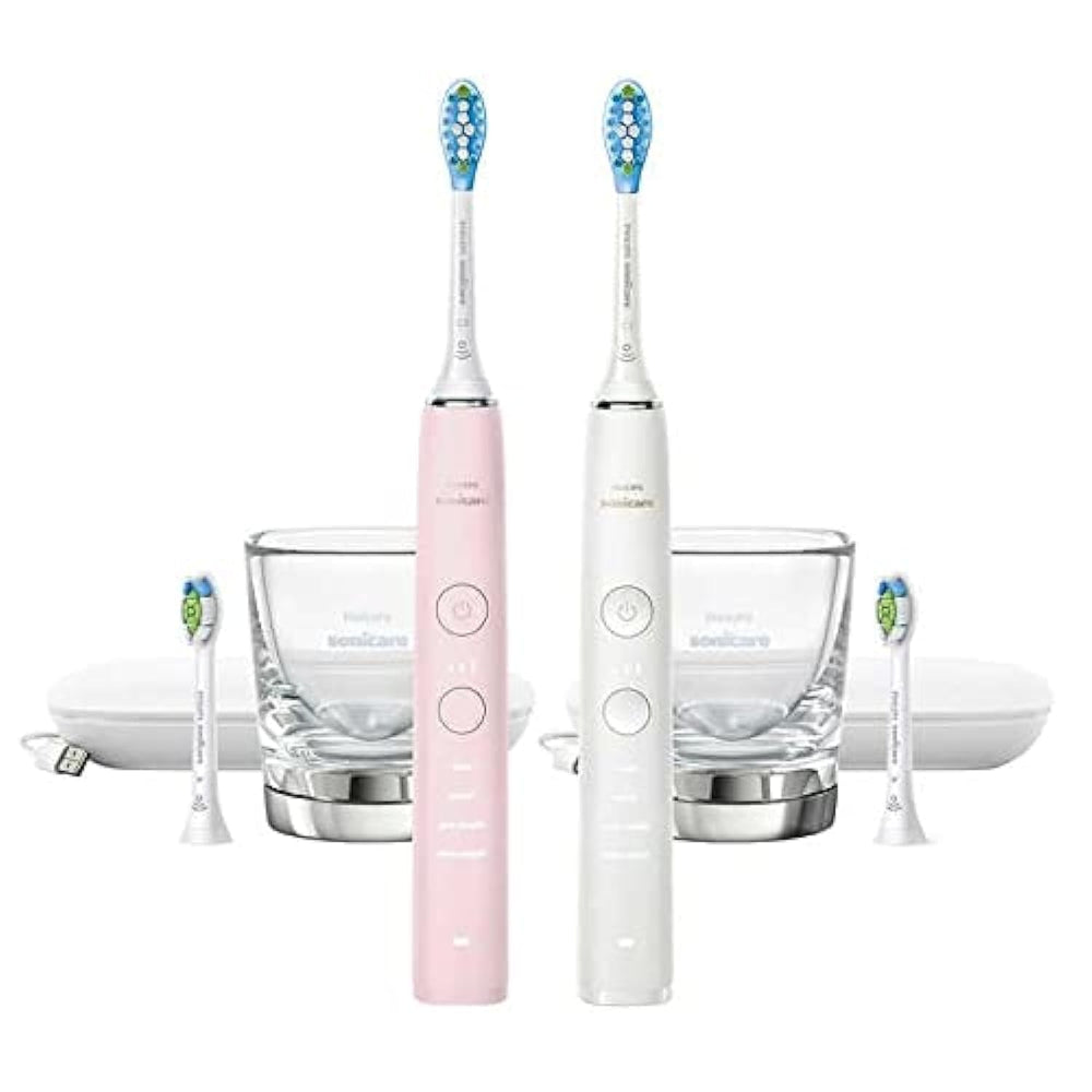 Philips Sonicare DiamondClean Connected 2-Pack Pink and White toothbrush handles with charging glasses