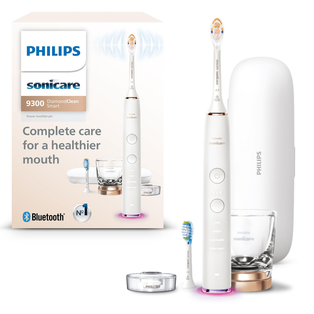 Front view of Philips Sonicare DiamondClean Smart 9300 in rose gold
