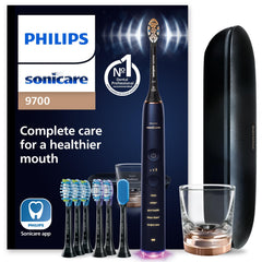 Front view of Philips Sonicare DiamondClean Smart 9700 toothbrush in Lunar Blue