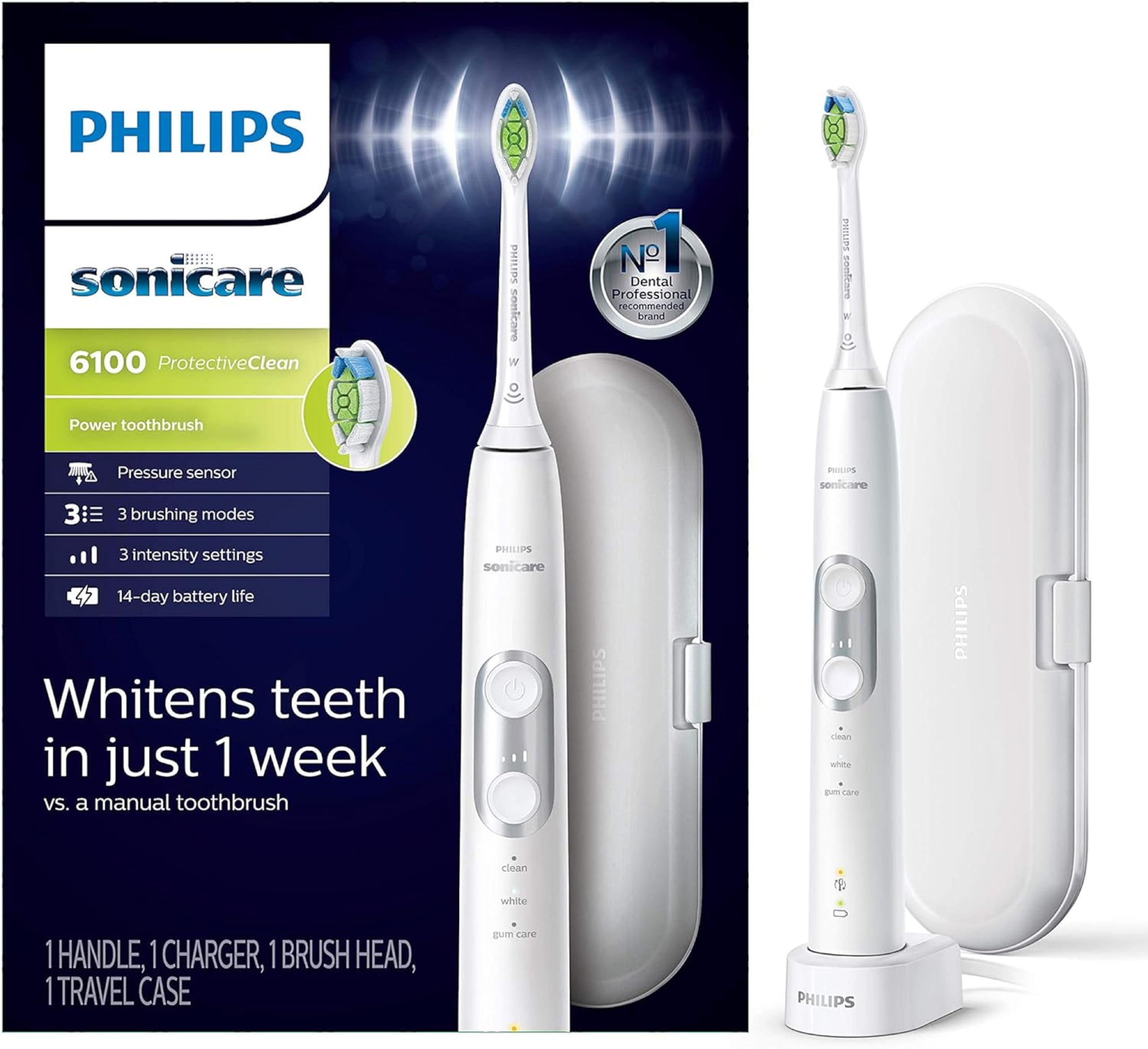 Front view of Philips Sonicare HX8911/02 HealthyWhite+ rechargeable toothbrush in white