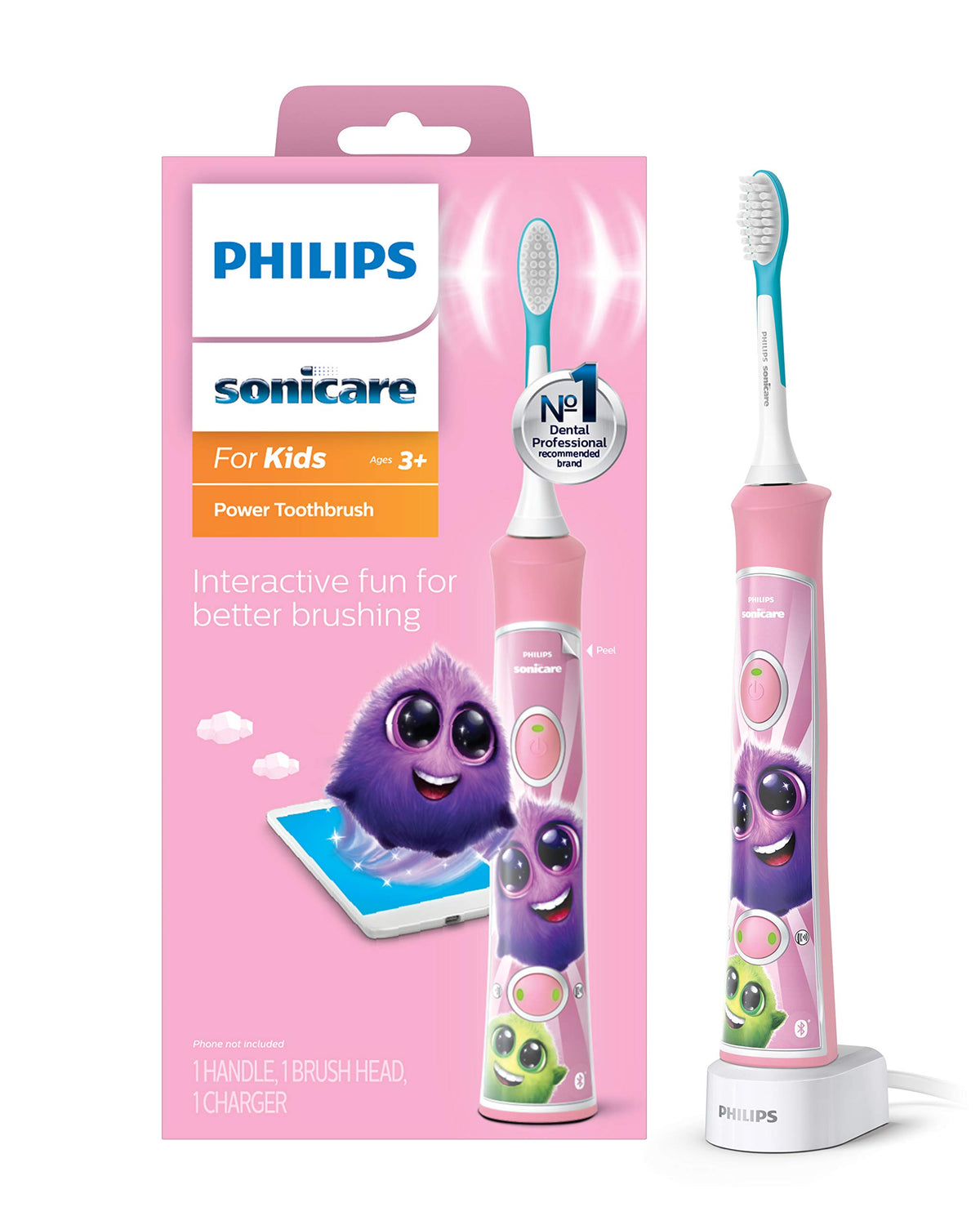 Front view of Philips Sonicare for Kids 3+ Pink HX6351/41 toothbrush