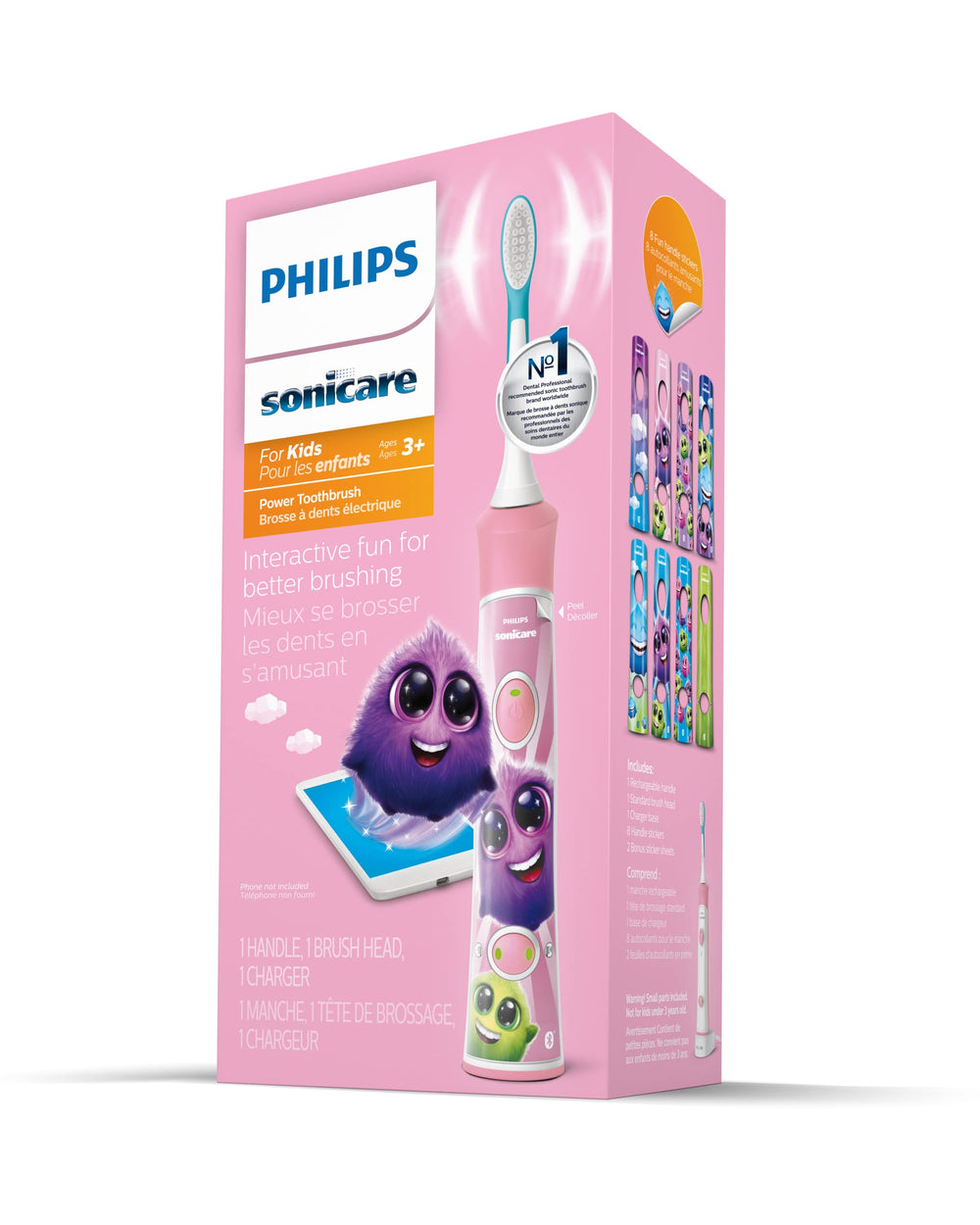 Product packaging and included accessories for Sonicare for Kids