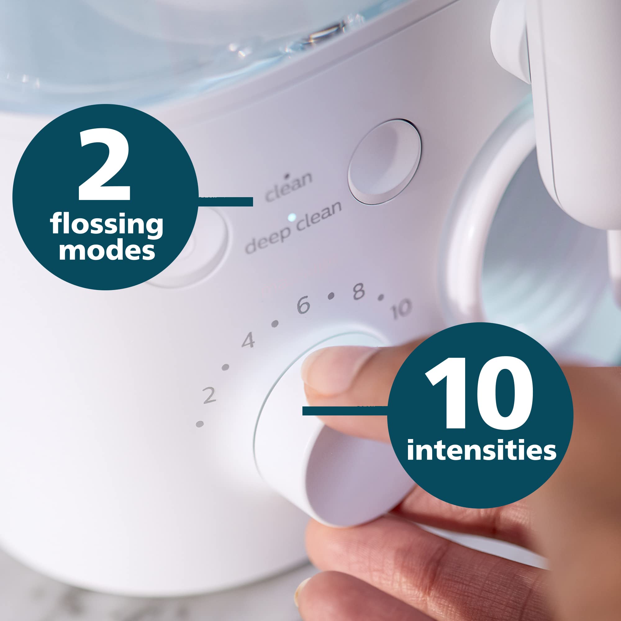 Label showing 2 flossing modes and 10 intensity levels on the device
