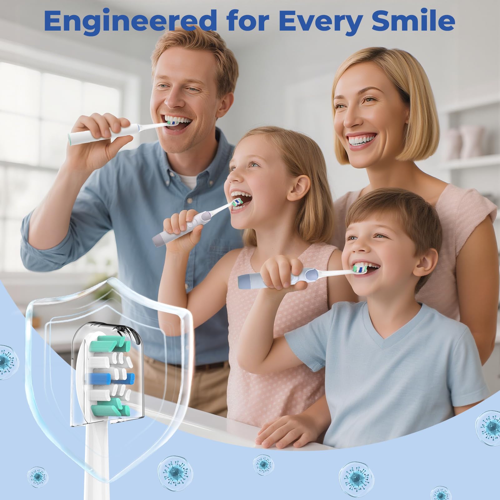 Set of 8 replacement heads with protective caps for family use