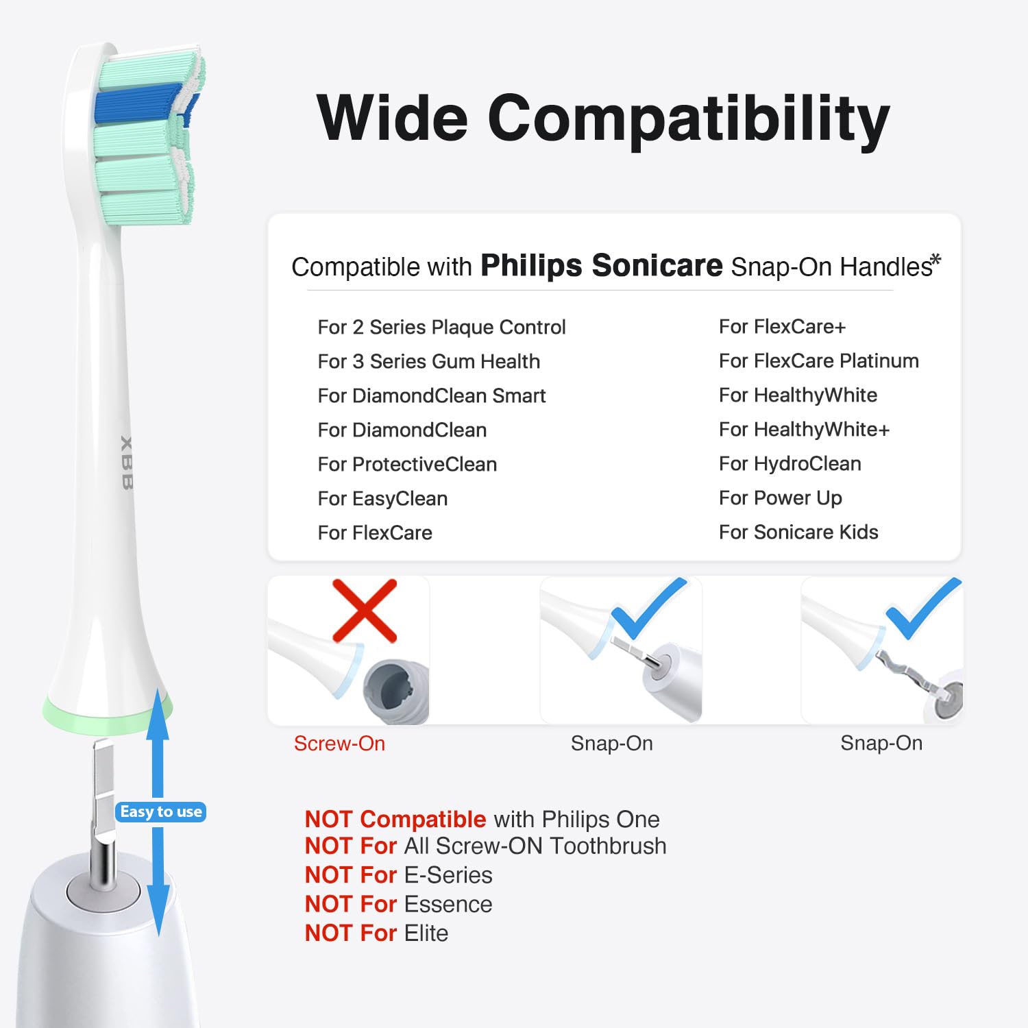 Compatibility list for Philips Sonicare replacement heads including 4100, 5100, 6100 and Snap-on systems