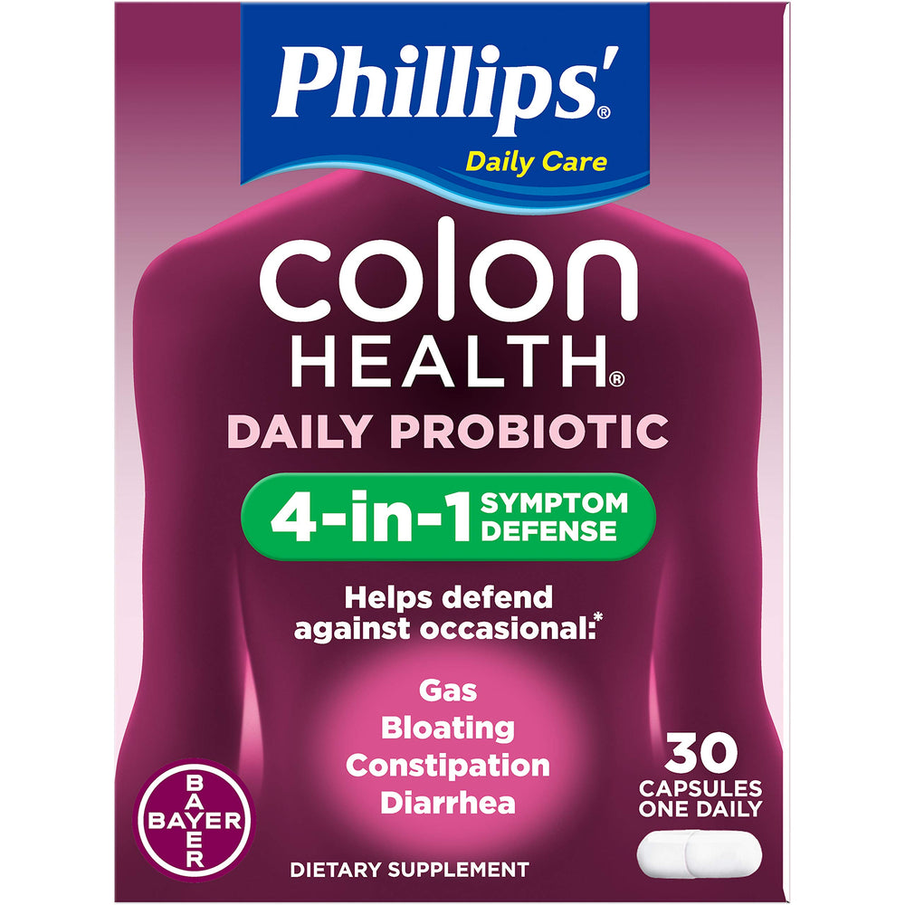 Phillips' Colon Health capsules bottle showing daily digestive support option.