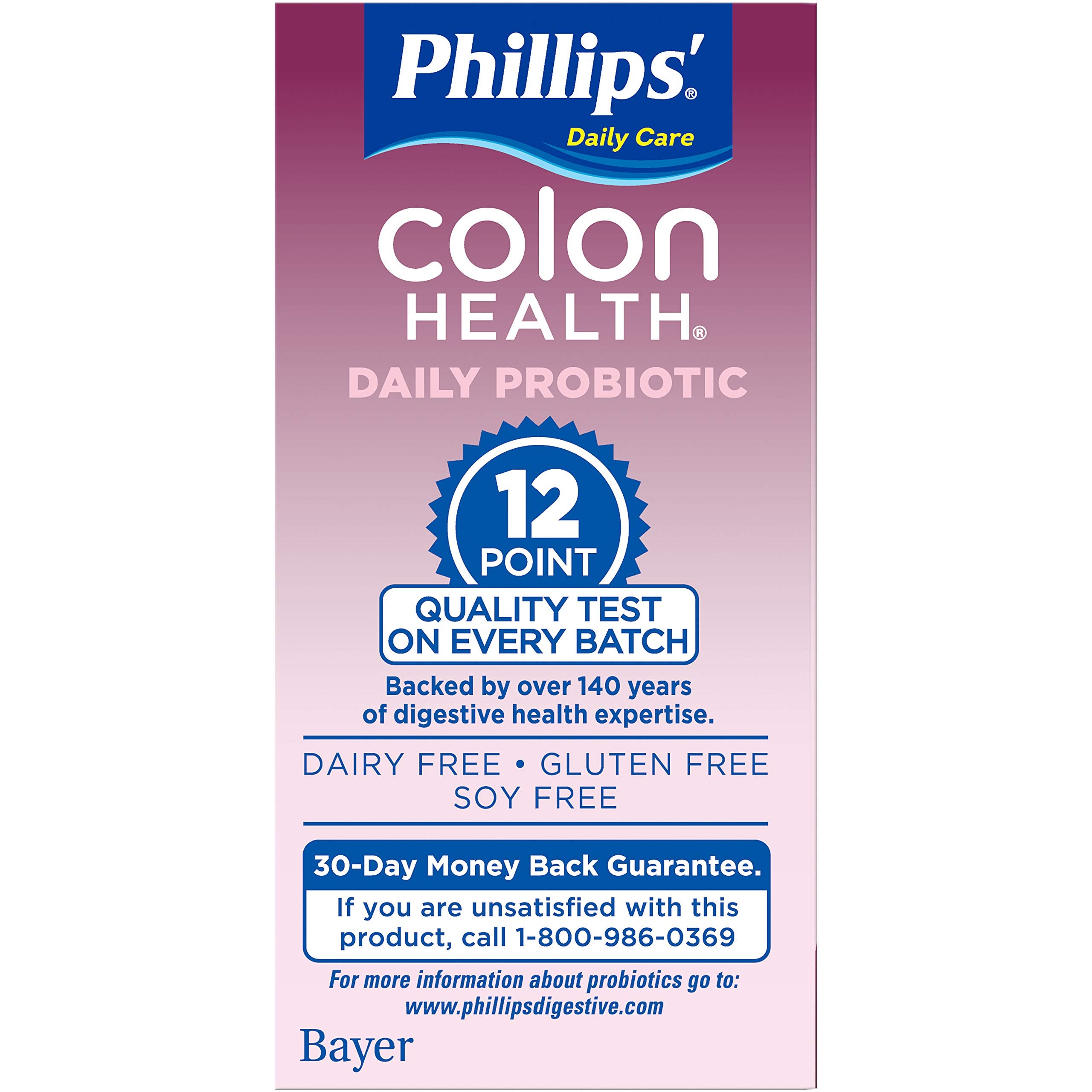 Phillips' Colon Health label close-up with LGG and BB-12 for gut balance.