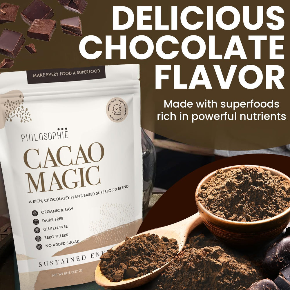 Close-up of raw cacao powder and ingredients
