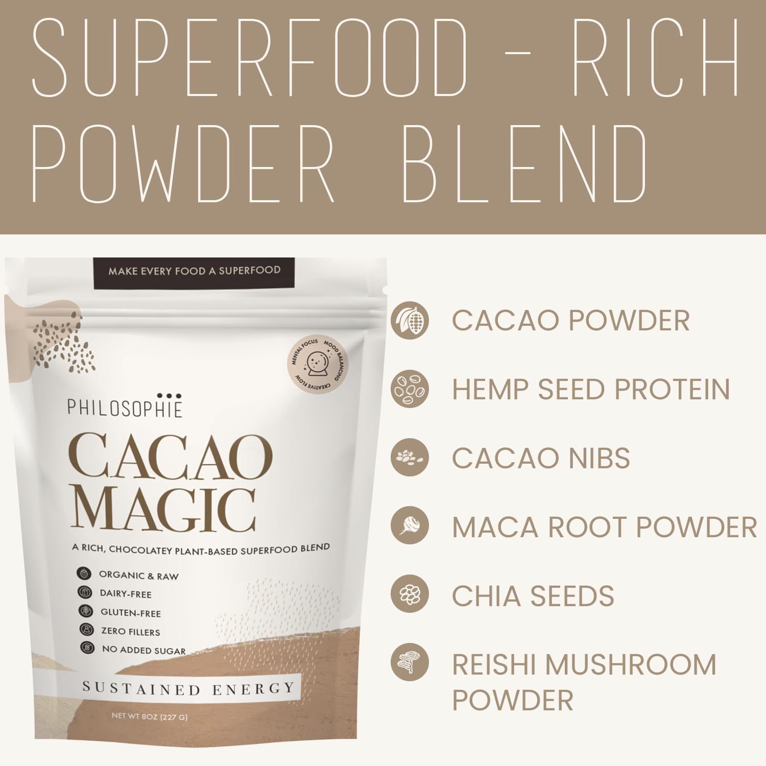Reishi mushroom and maca root highlight in blend