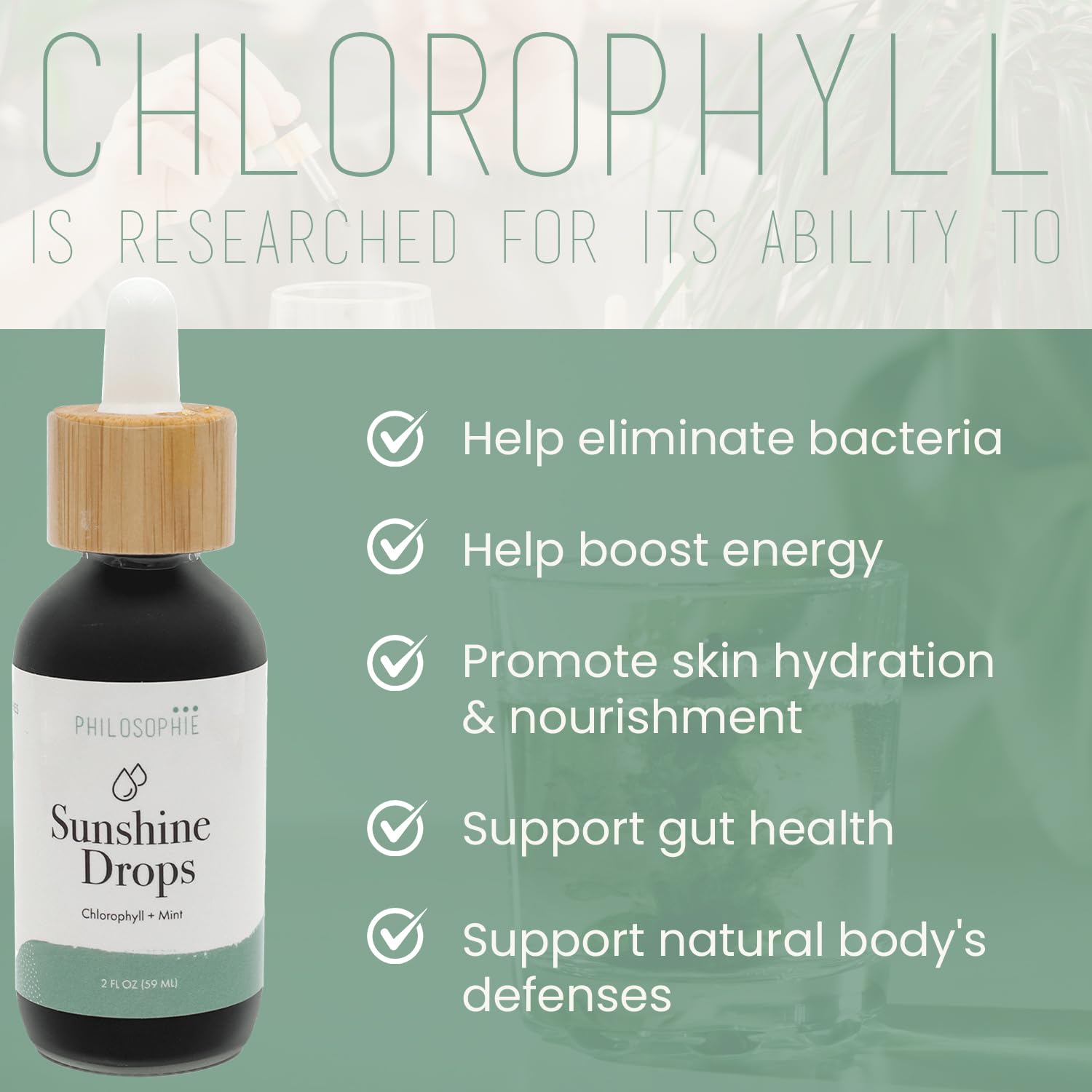 Mint-flavored chlorophyll drops bottle close-up