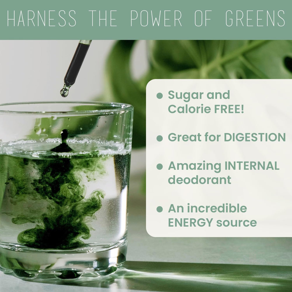 Dropper dispensing chlorophyll drops into a glass of water