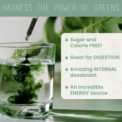 Dropper dispensing chlorophyll drops into a glass of water