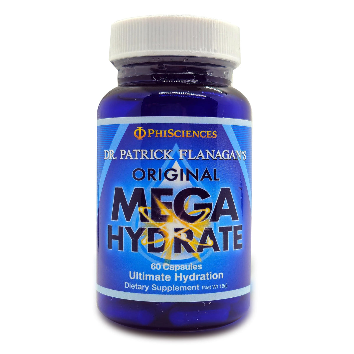Phi Sciences MegaHydrate bottle label highlighting hydration support potential
