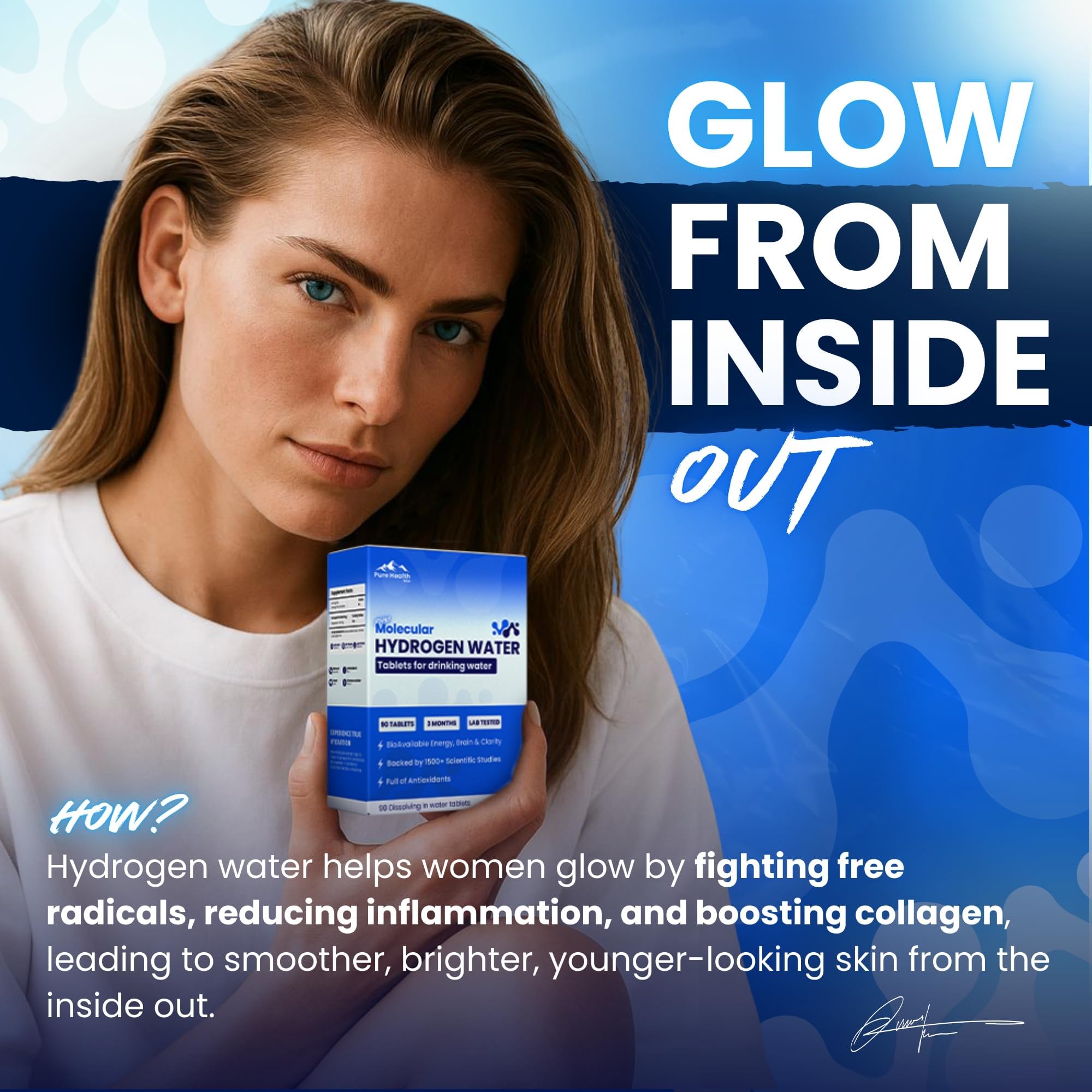 Glass of water with hydrogen tablets and bubbles