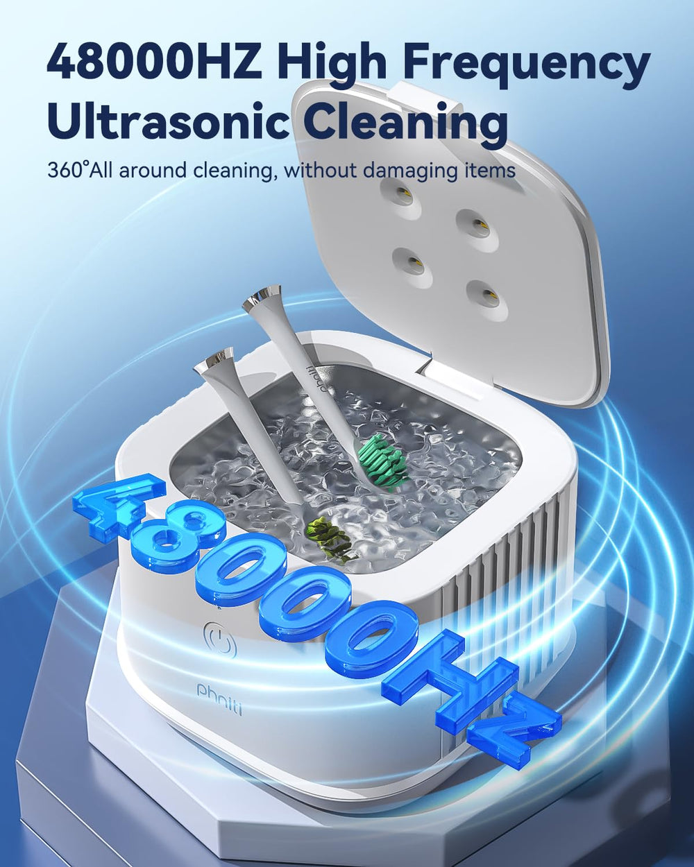 Dentures and retainers inside the Phniti cleaner