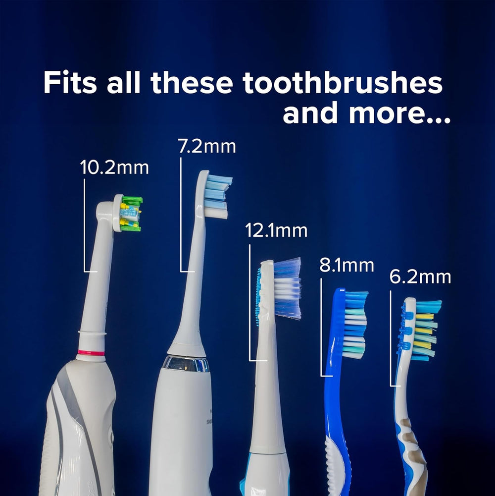 Toothbrush neck inserted into rubber holder for sanitization