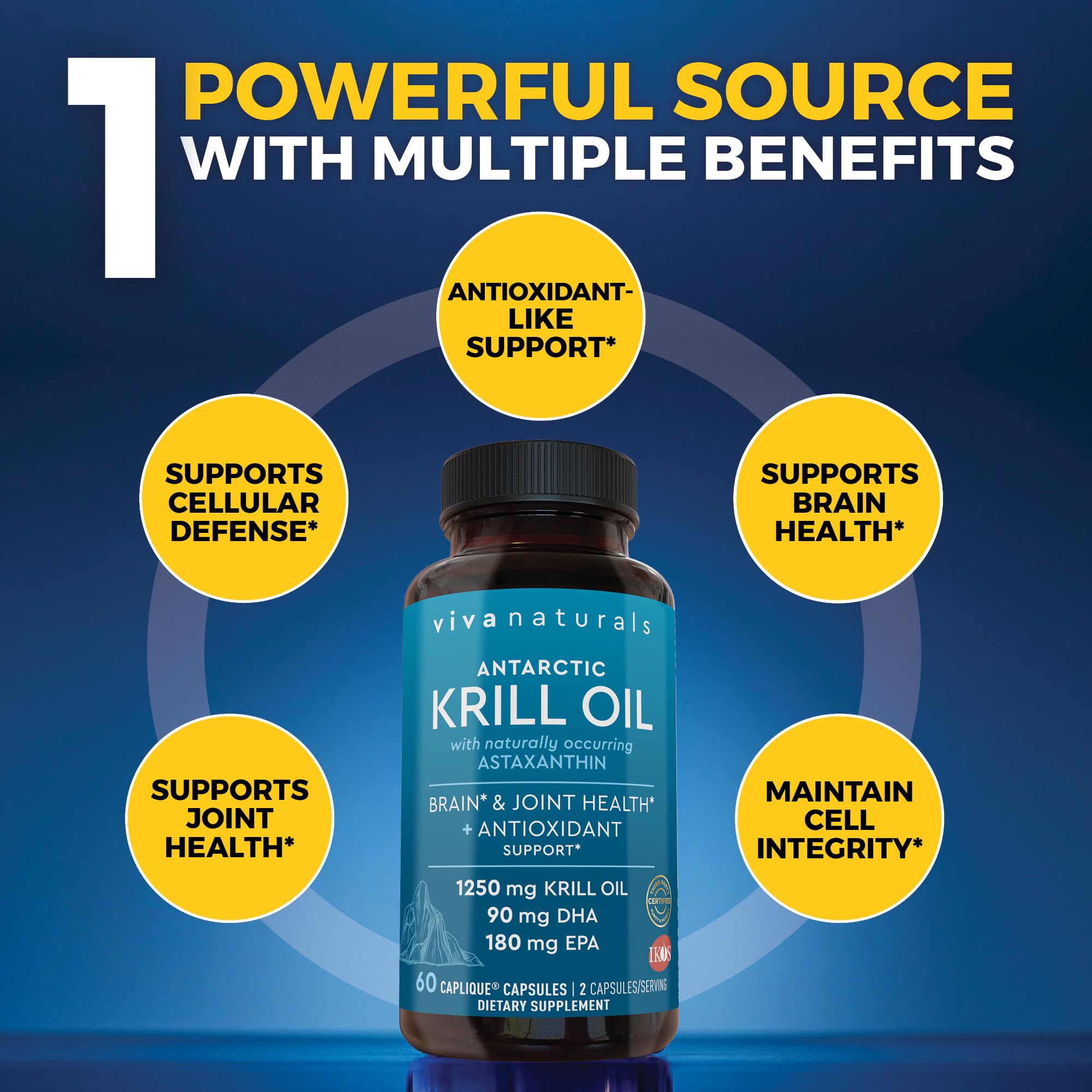 Krill oil capsules highlighting 575 mg phospholipids per serving