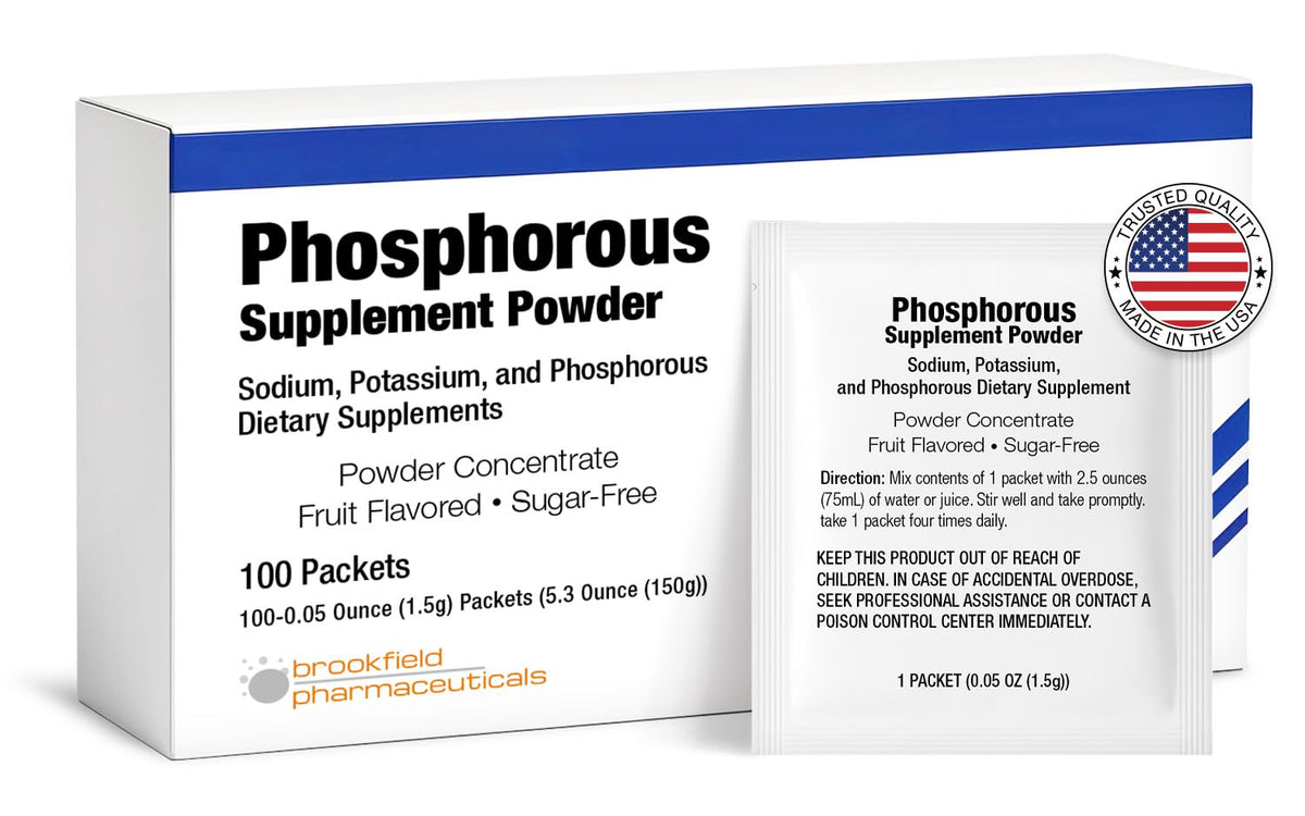 Berry-flavored phosphorus supplement powder in 100 packets