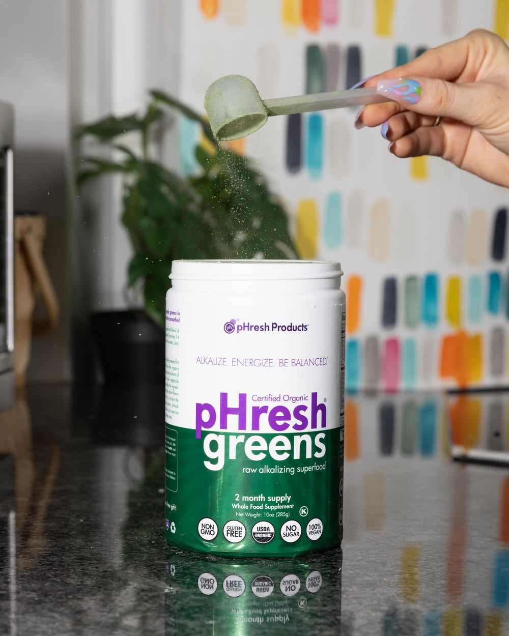 Packaging showing 2-month supply of pHresh Greens