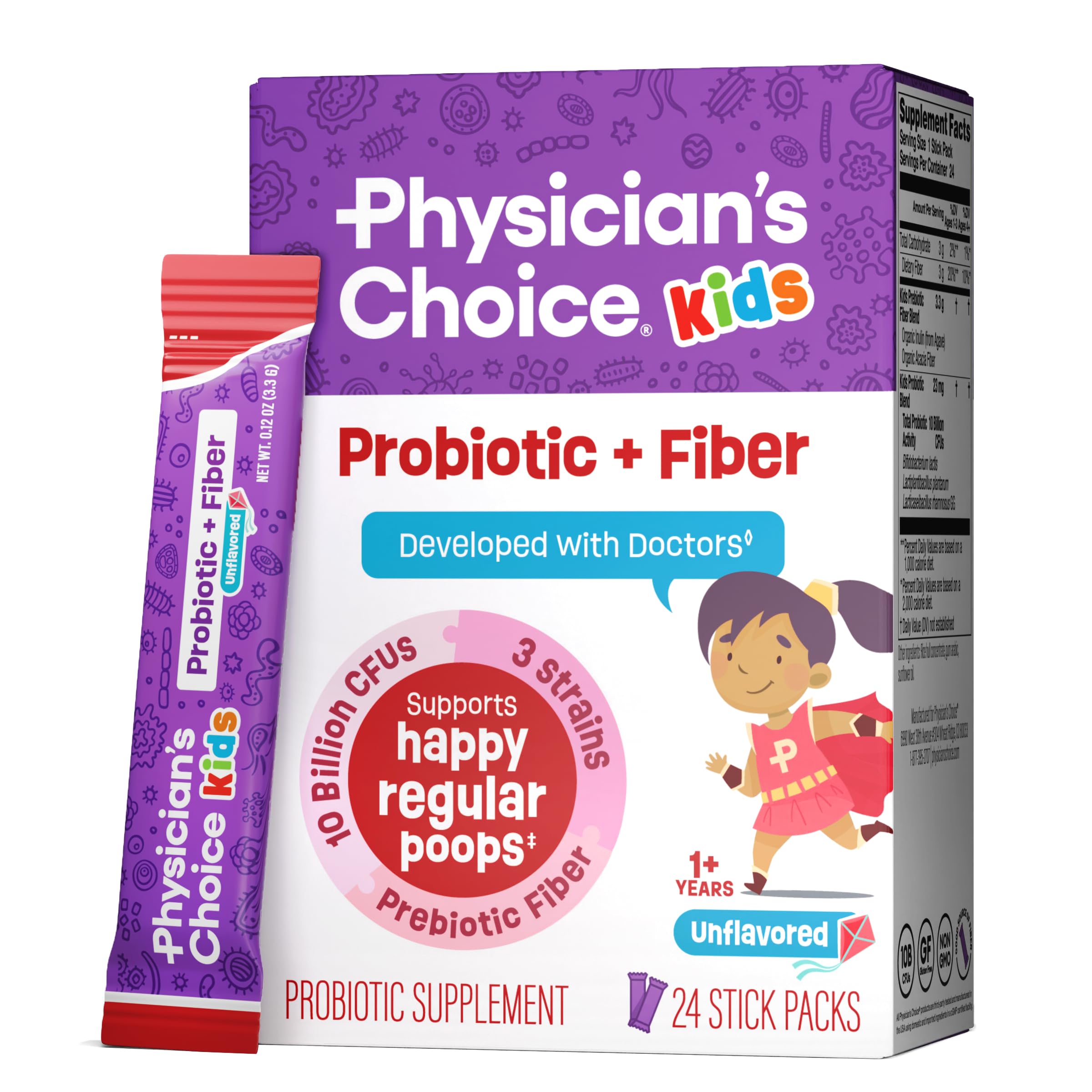 Front view of Physician's Choice Kids Probiotic + Prebiotic Fiber 24-pack box