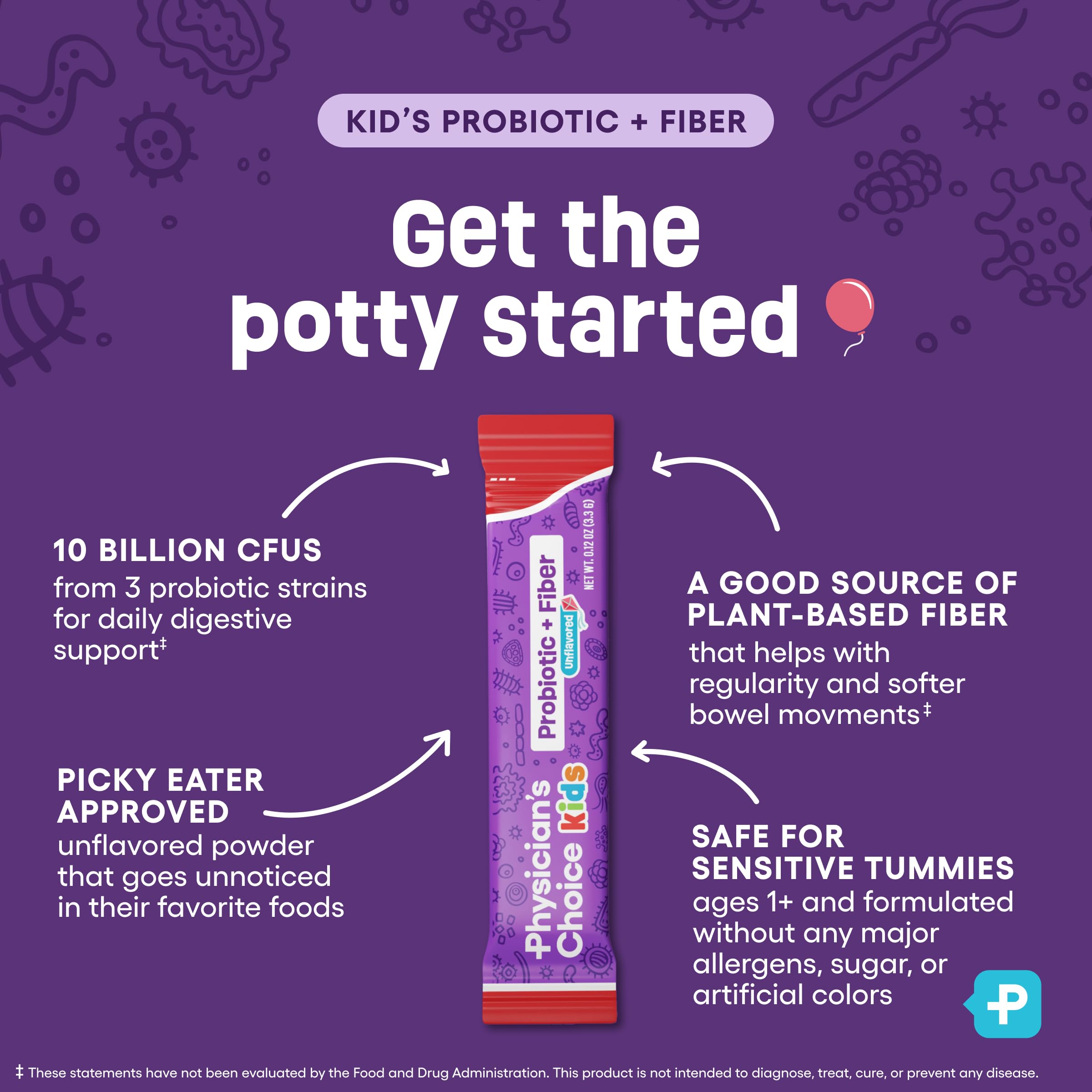 Ingredients and supplement facts panel for kids probiotic + prebiotic fiber