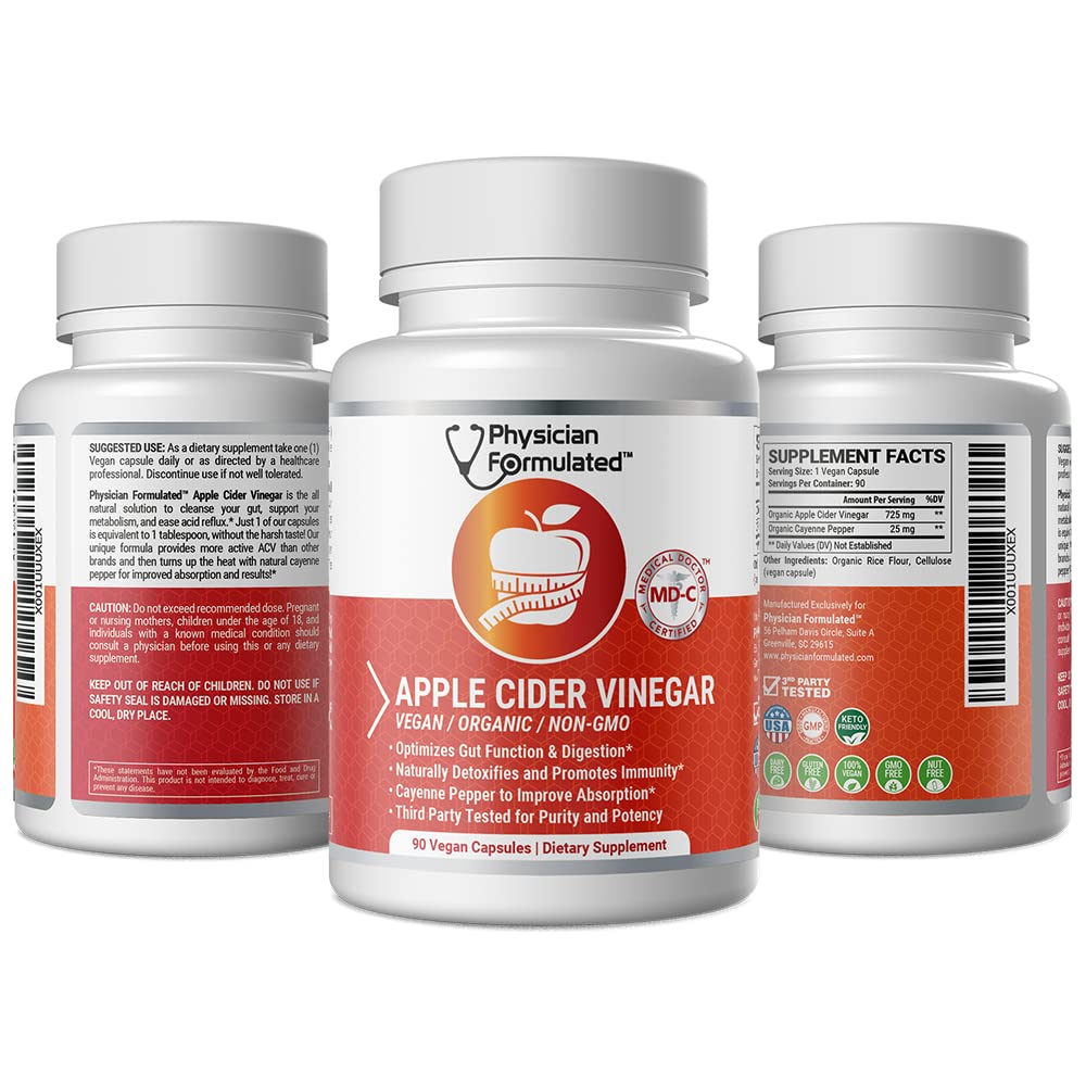 Physician Formulated ingredient label close-up highlighting organic ACV and cayenne benefit