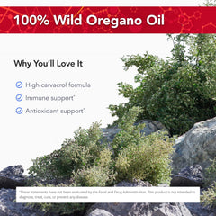 OregaWild bottle label highlighting 100% wild oregano oil and servings