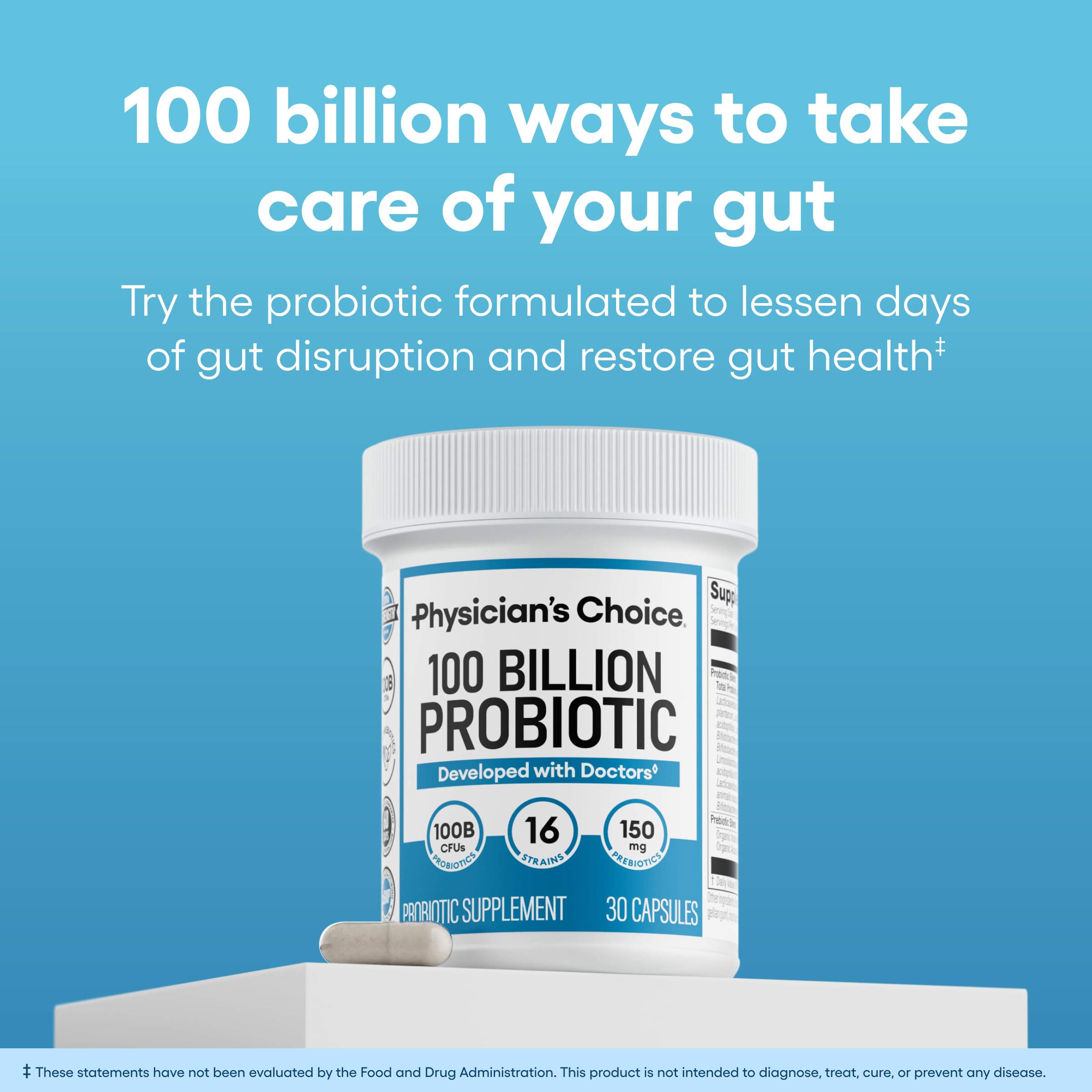 Capsules of 100B probiotic with 16 strains and organic prebiotics