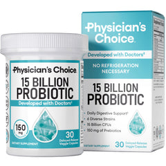 Bottle of Physician's Choice Beginner Probiotics highlighting 15 Billion CFU and 6 strains