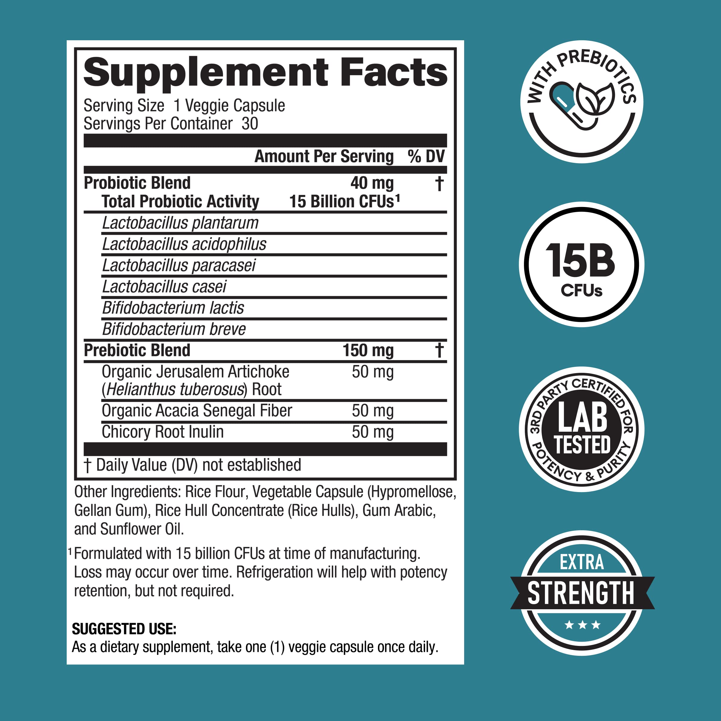 Close-up of probiotic strains list and organic prebiotic label