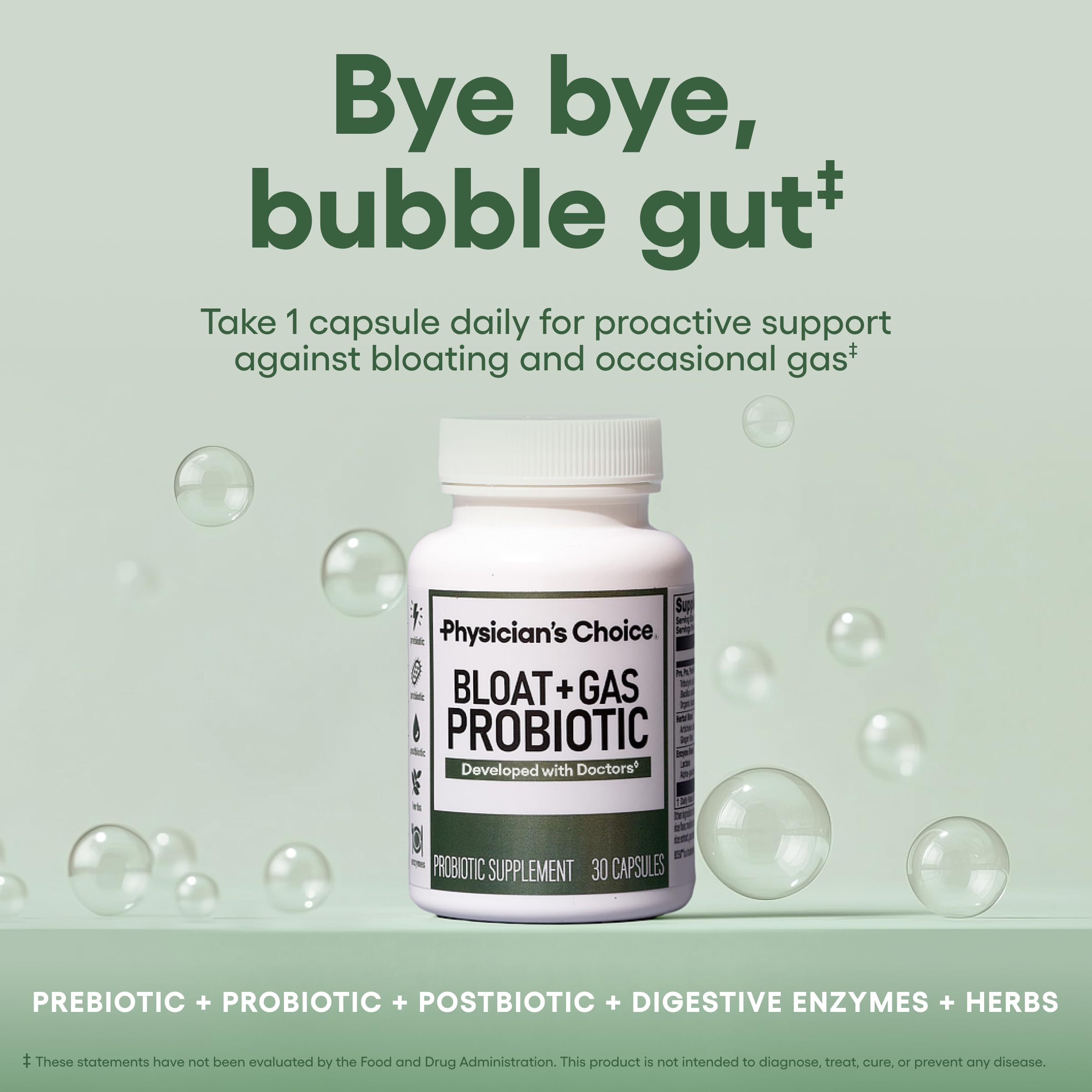 Close-up of label on Physician's Choice Bloat & Gas Probiotic 30 count