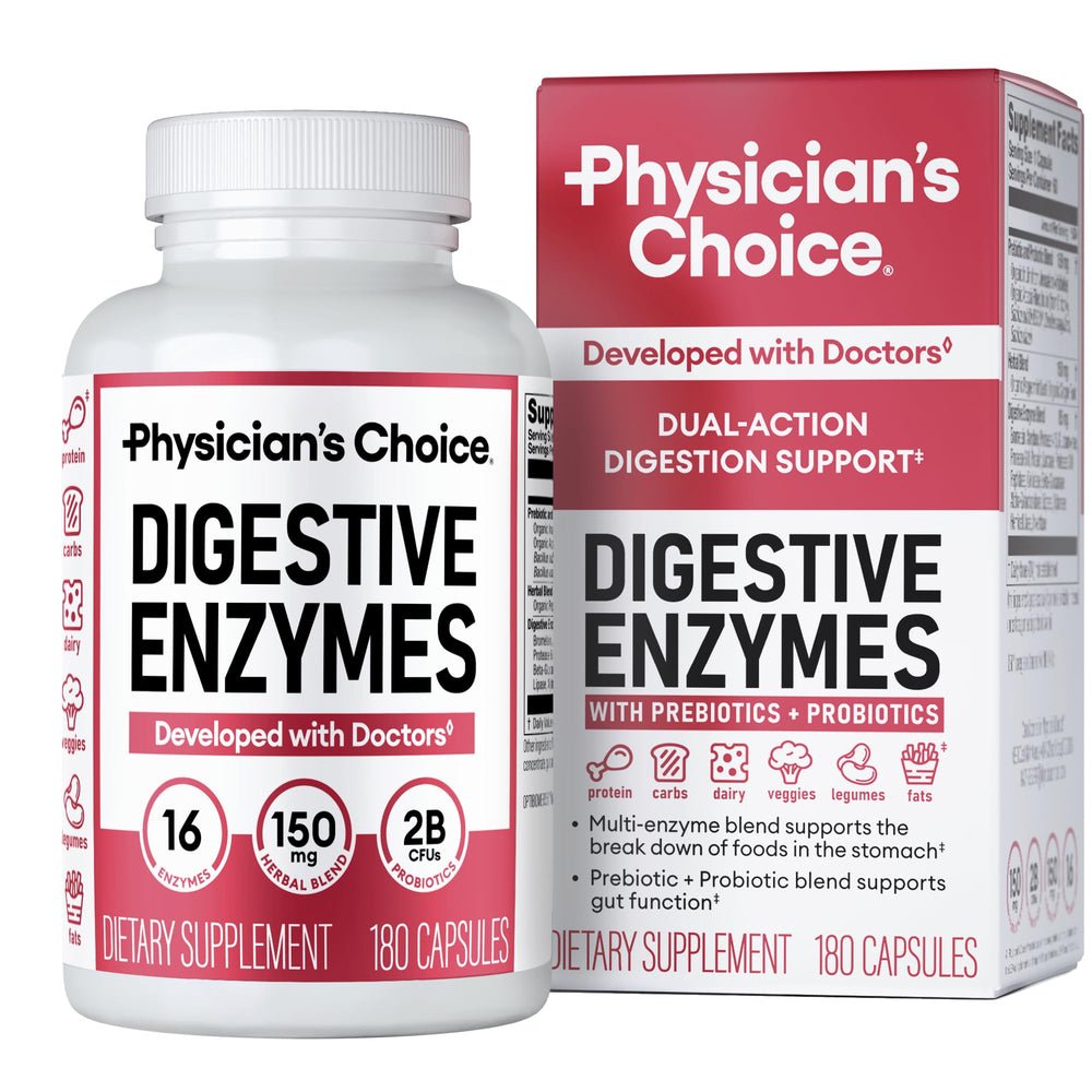 Physician's CHOICE Digestive Enzymes bottle shown for daily meal-time support