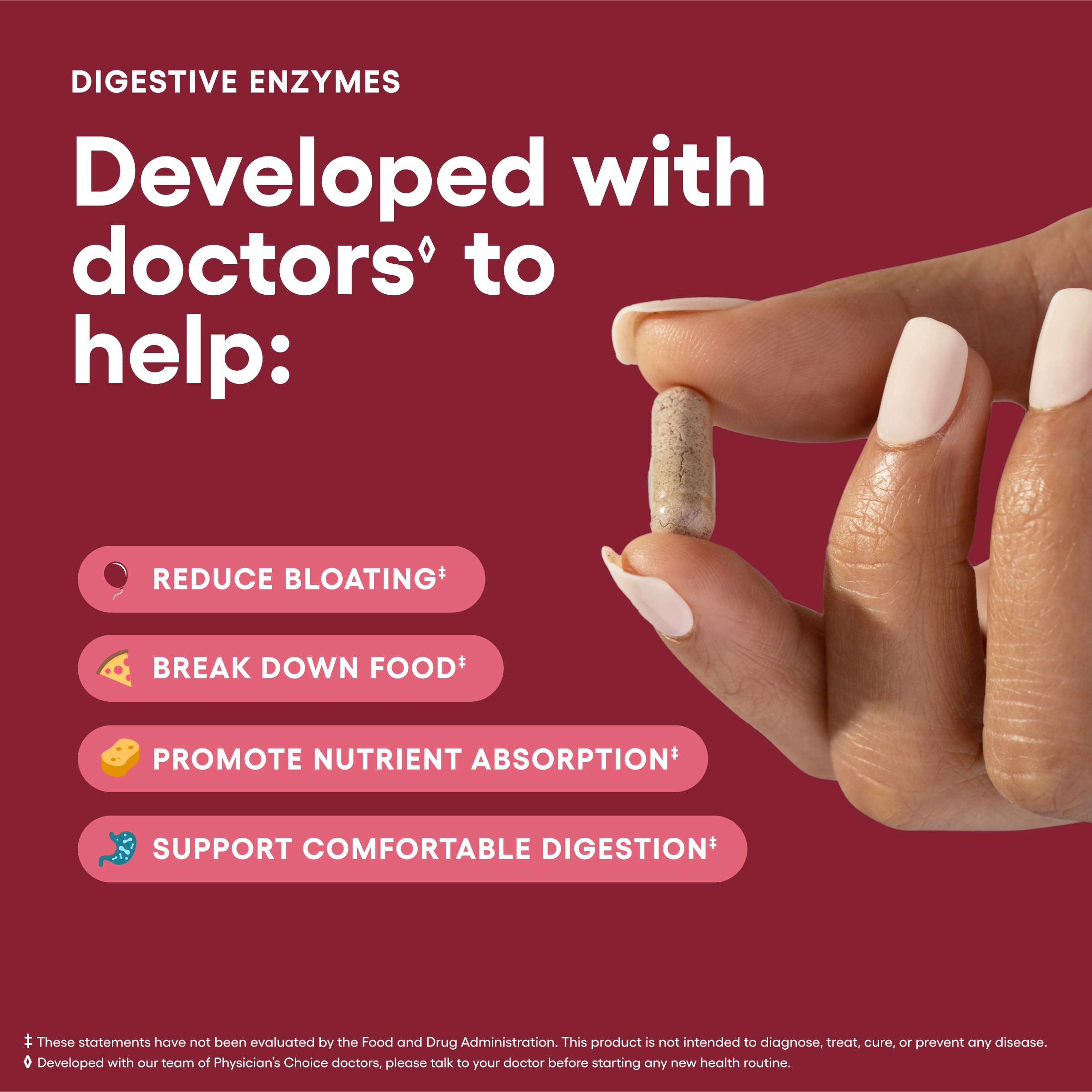 Physician's CHOICE Digestive Enzymes ingredients panel, highlights 16 enzymes for versatile digestion.