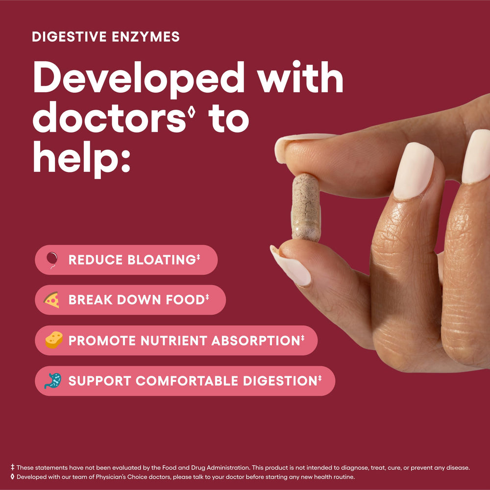 Physician's CHOICE Digestive Enzymes ingredients panel, highlights 16 enzymes for versatile digestion.