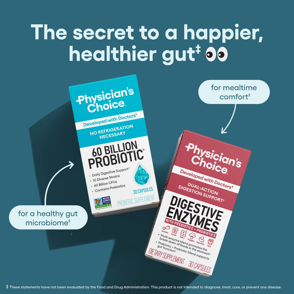 Physician's CHOICE Organic Prebiotics powder beside capsules, signaling gut-friendly synergy.