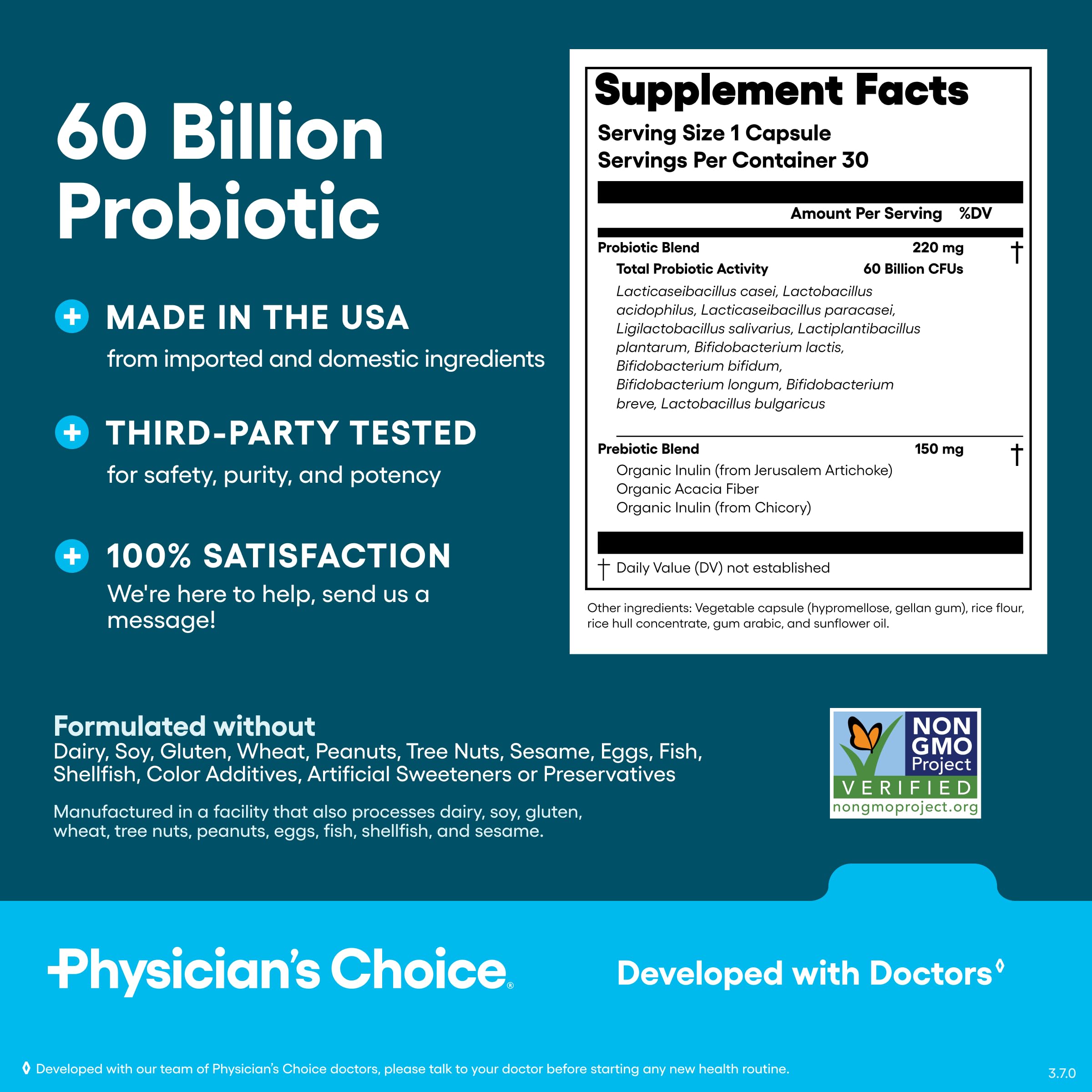 Packaging and label of Physician's Choice Probiotics 60B CFU
