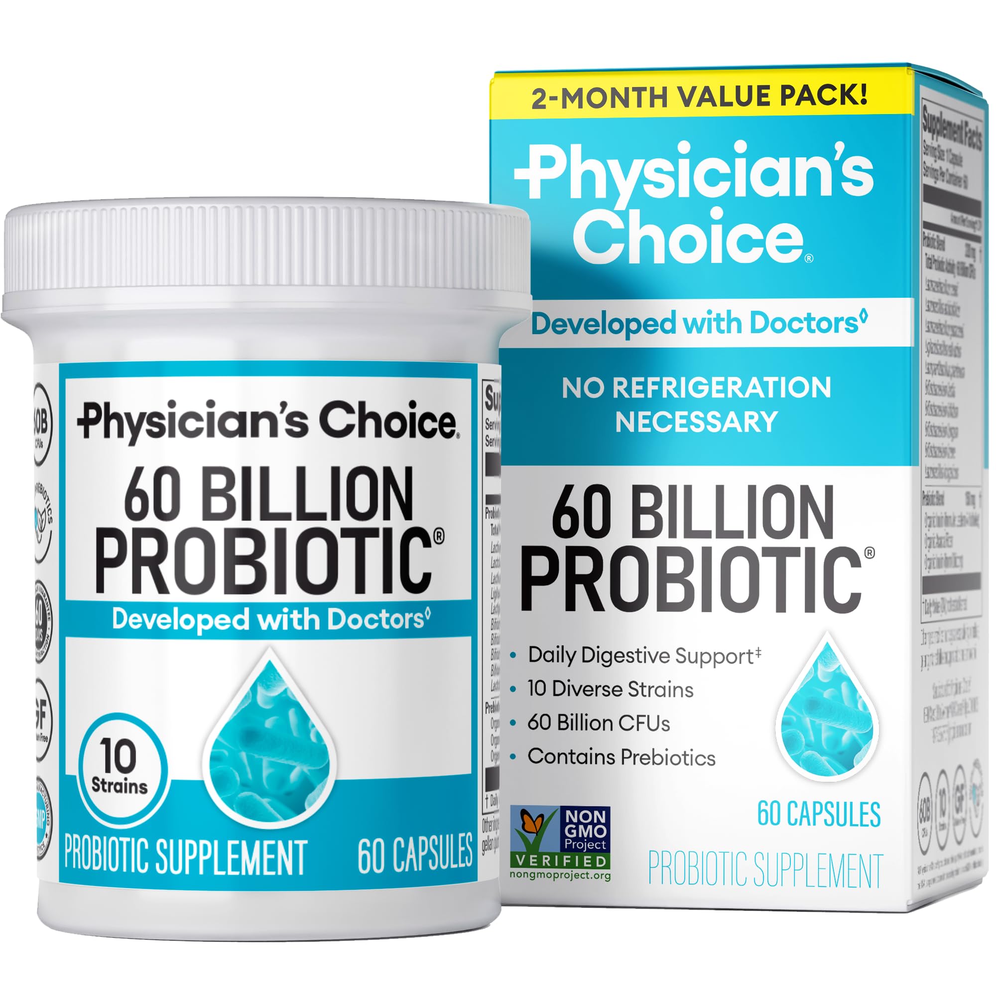 Physician's CHOICE Probiotics bottle label showing 60B CFU and 60 count