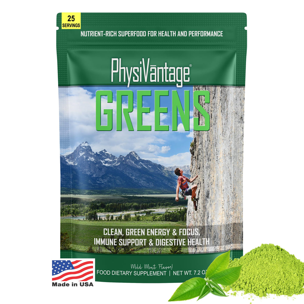 PhysiVantage Organic Greens Powder container with scoop