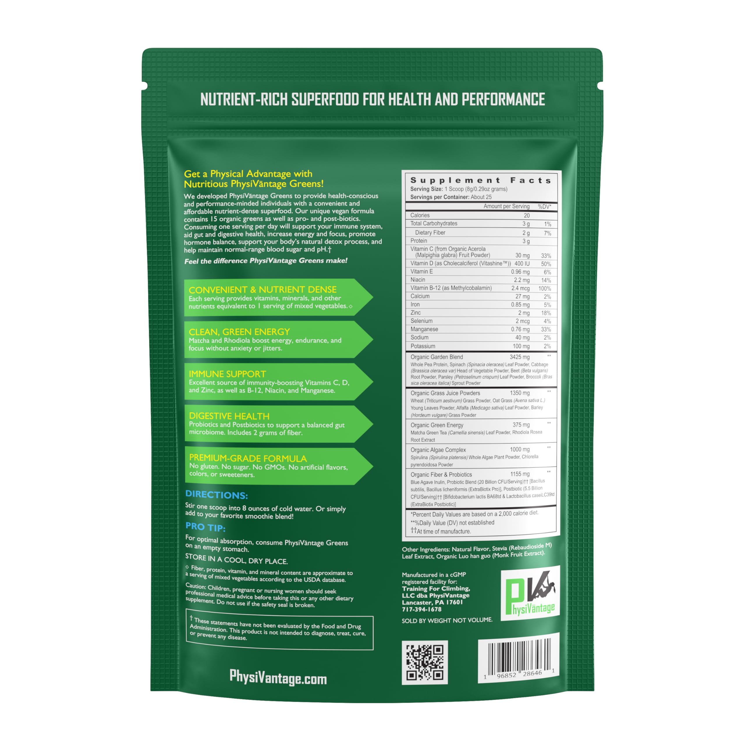 Re-sealable pouch with 25 servings of vegan greens powder