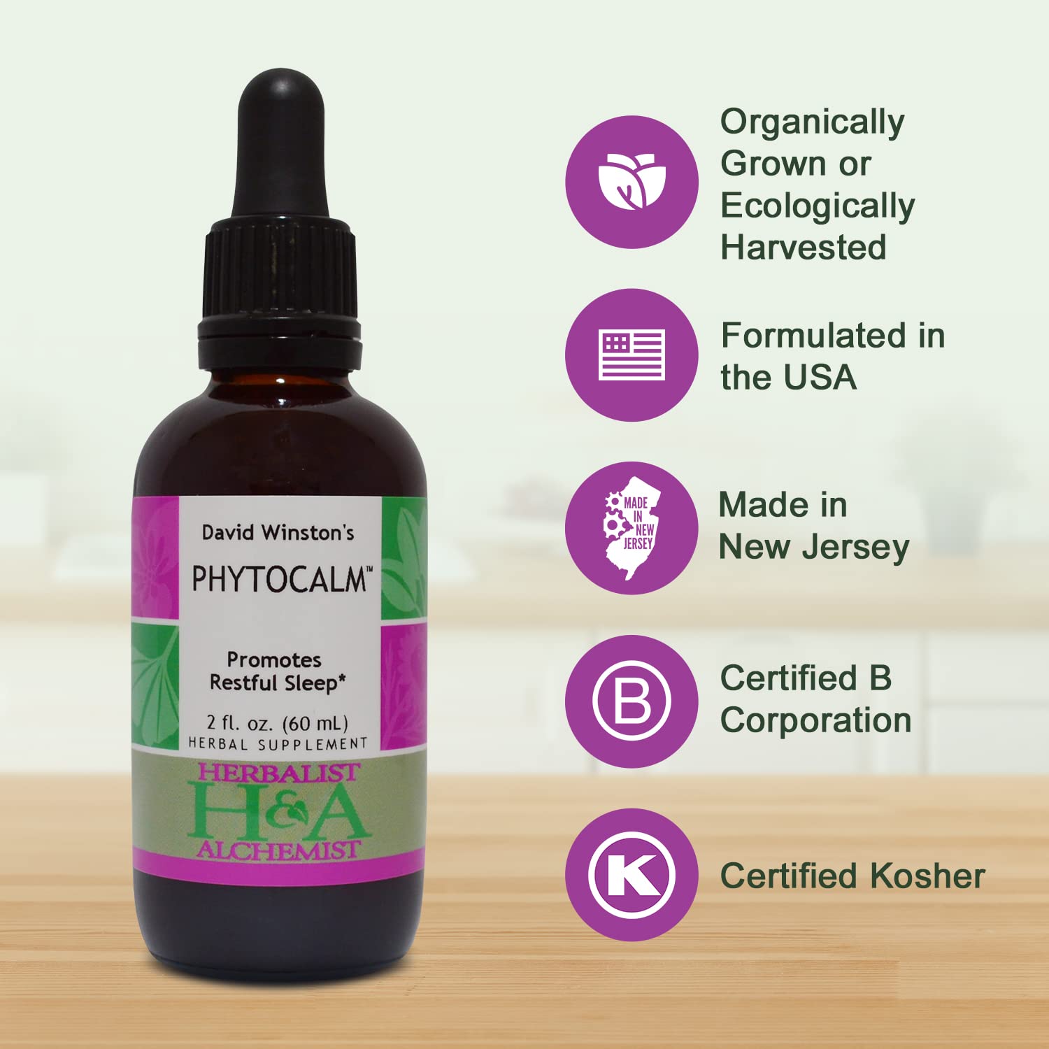 Phytocalm blend ingredients: Skullcap, Hops, Oat milky seed, Passionflower, California Poppy, Valerian